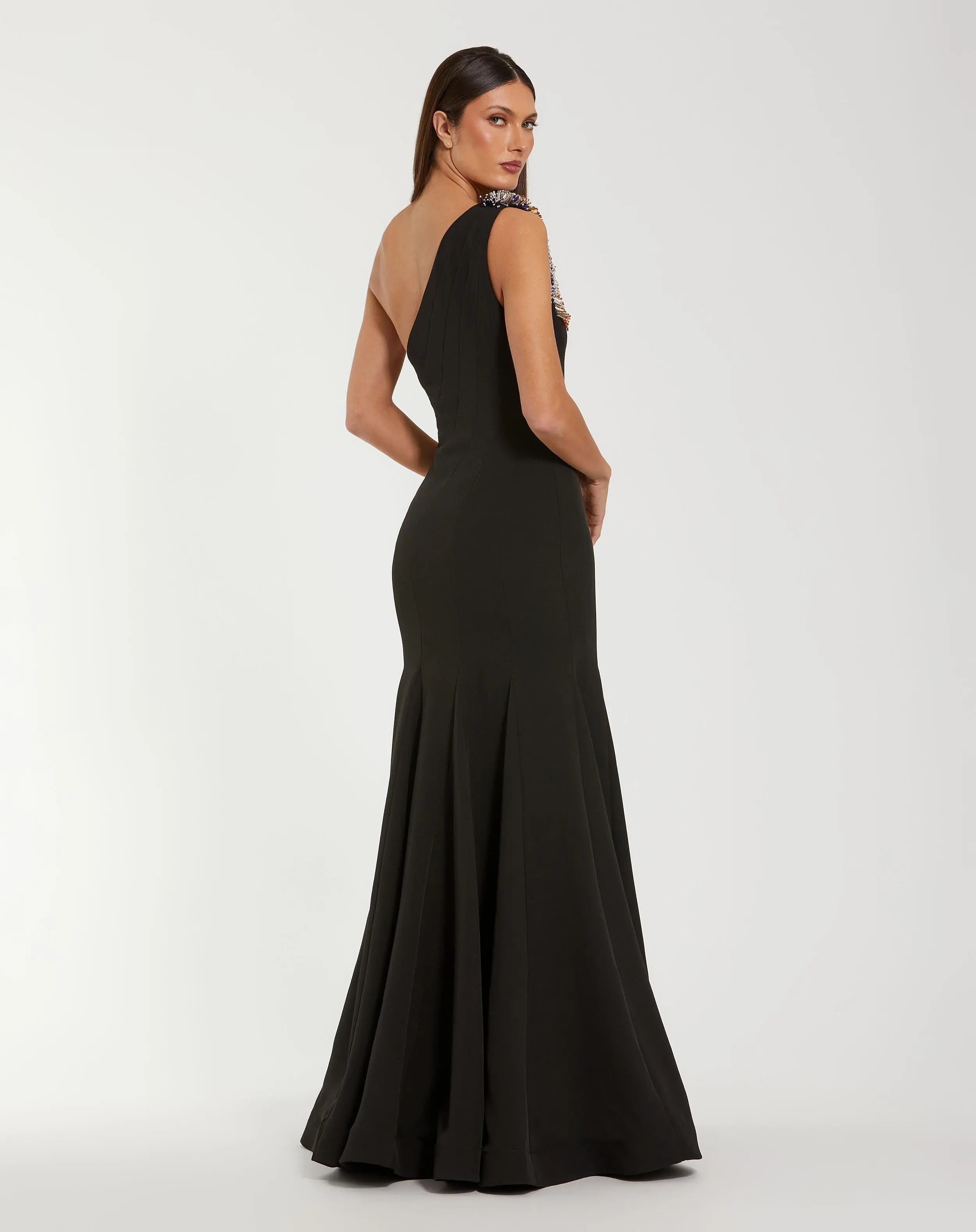 Black Crepe One Shoulder Mermaid Gown With Beading - Mac Duggal