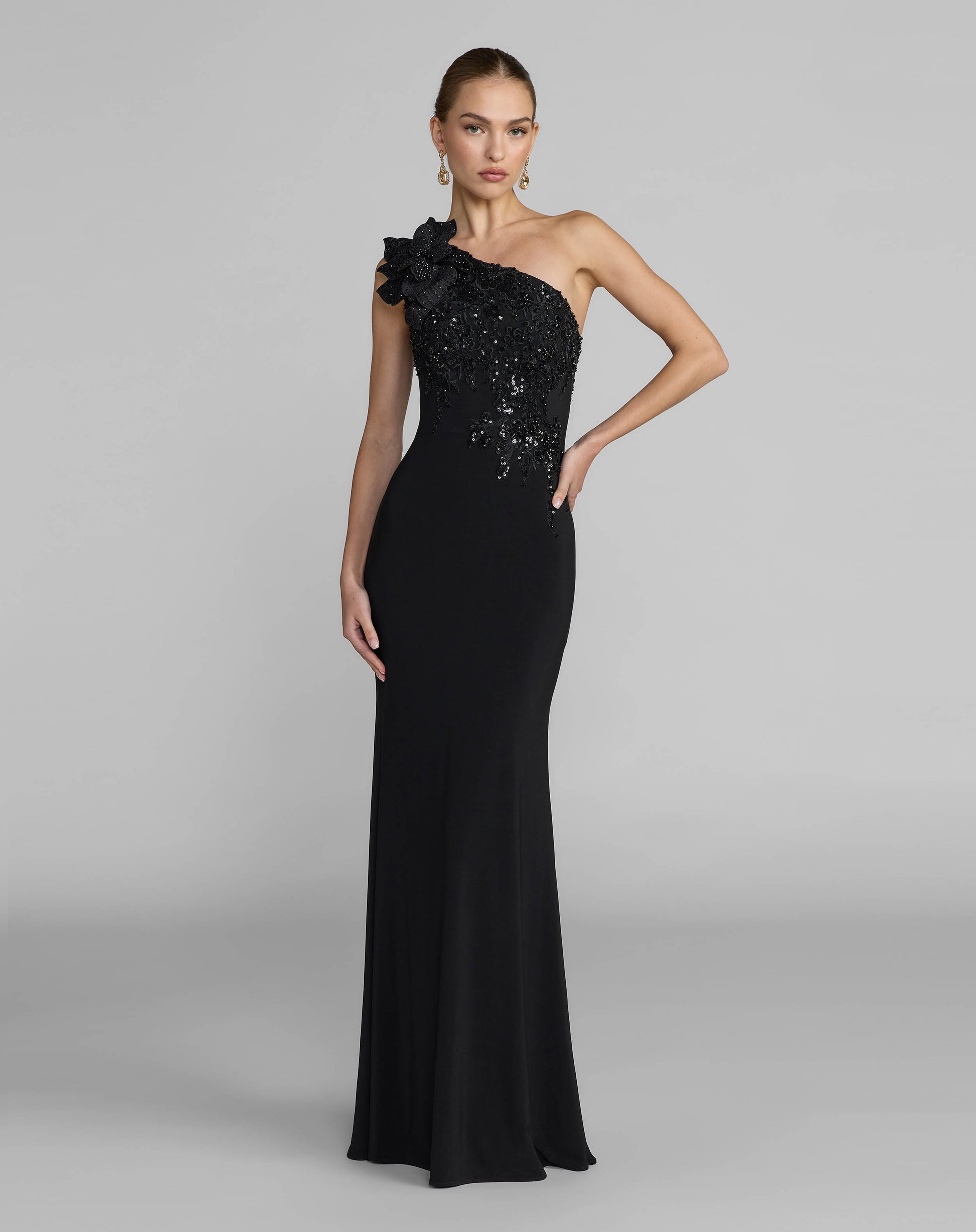 Black Embroidered Jersey One Shoulder Gown with 3D Flower - Mac Duggal