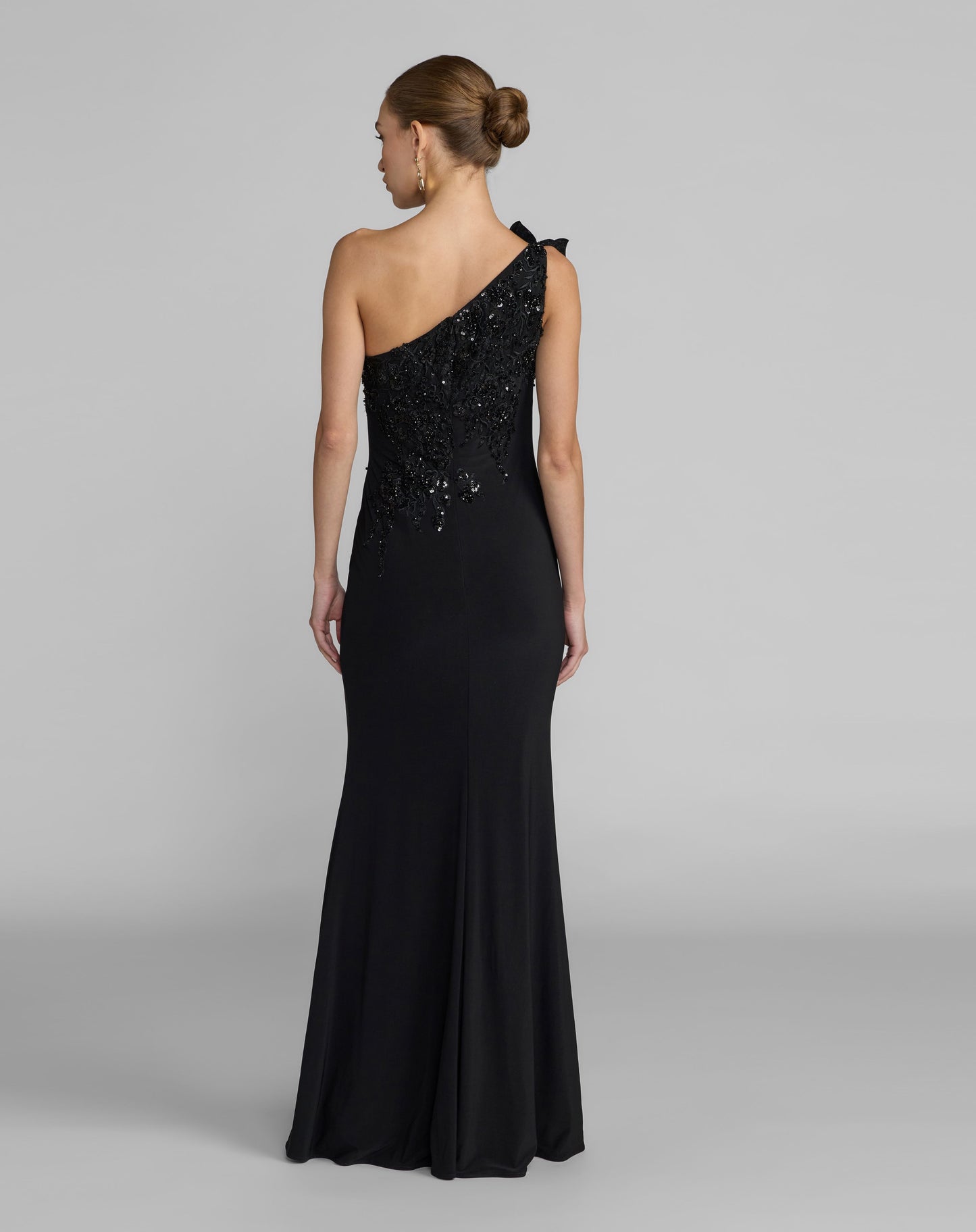 Black Embroidered Jersey One Shoulder Gown with 3D Flower - Mac Duggal