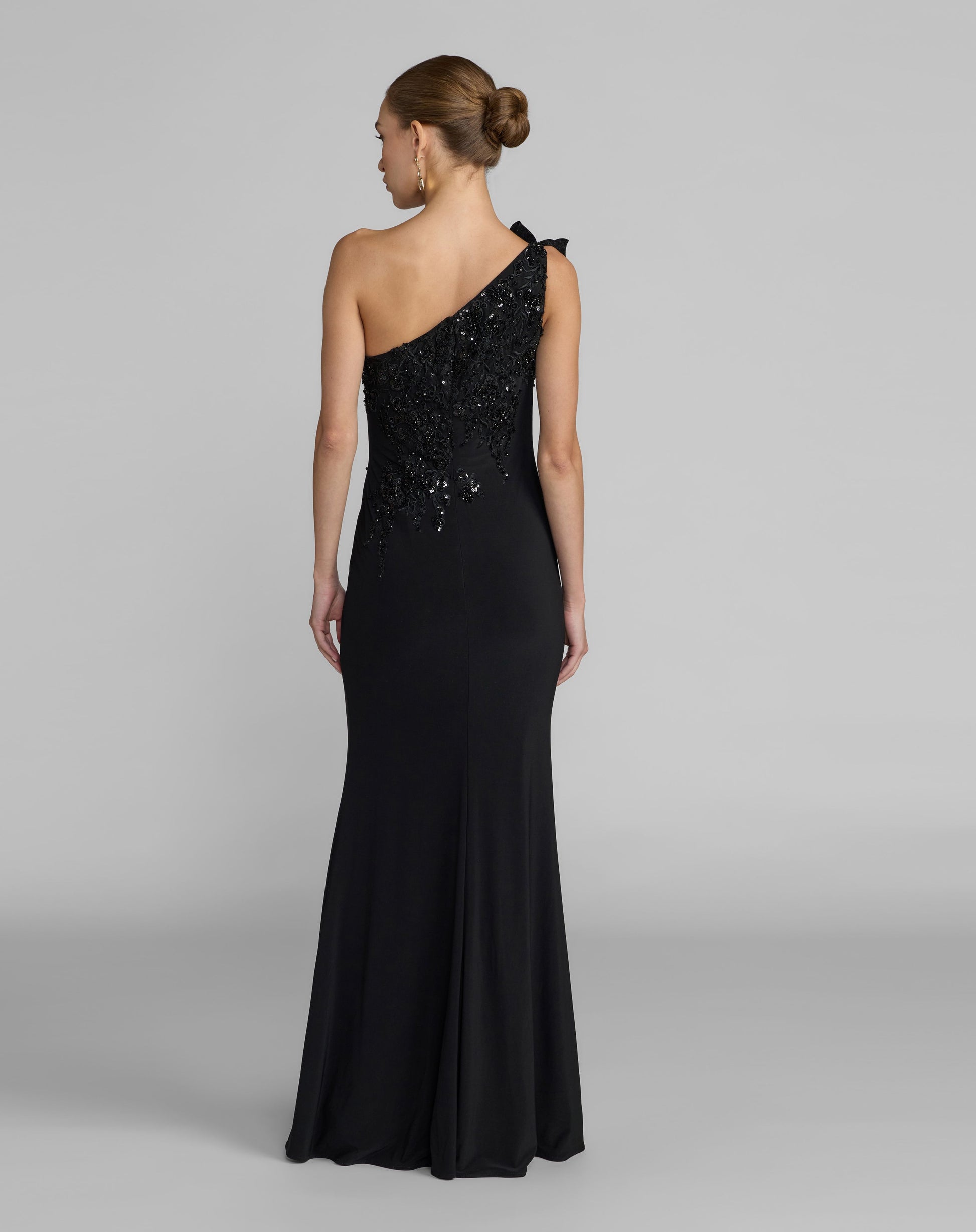 Black Embroidered Jersey One Shoulder Gown with 3D Flower - Mac Duggal