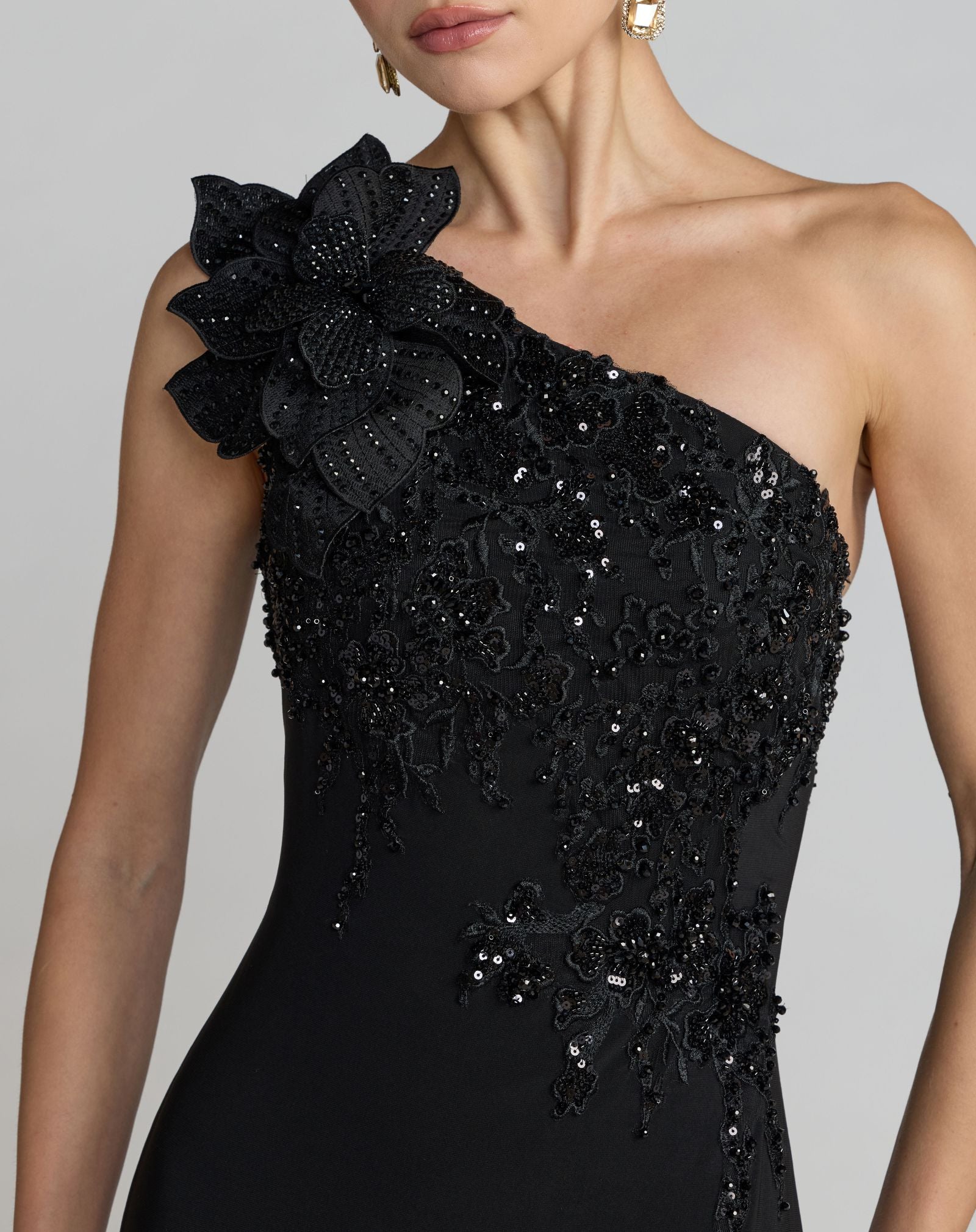 Black Embroidered Jersey One Shoulder Gown with 3D Flower - Mac Duggal
