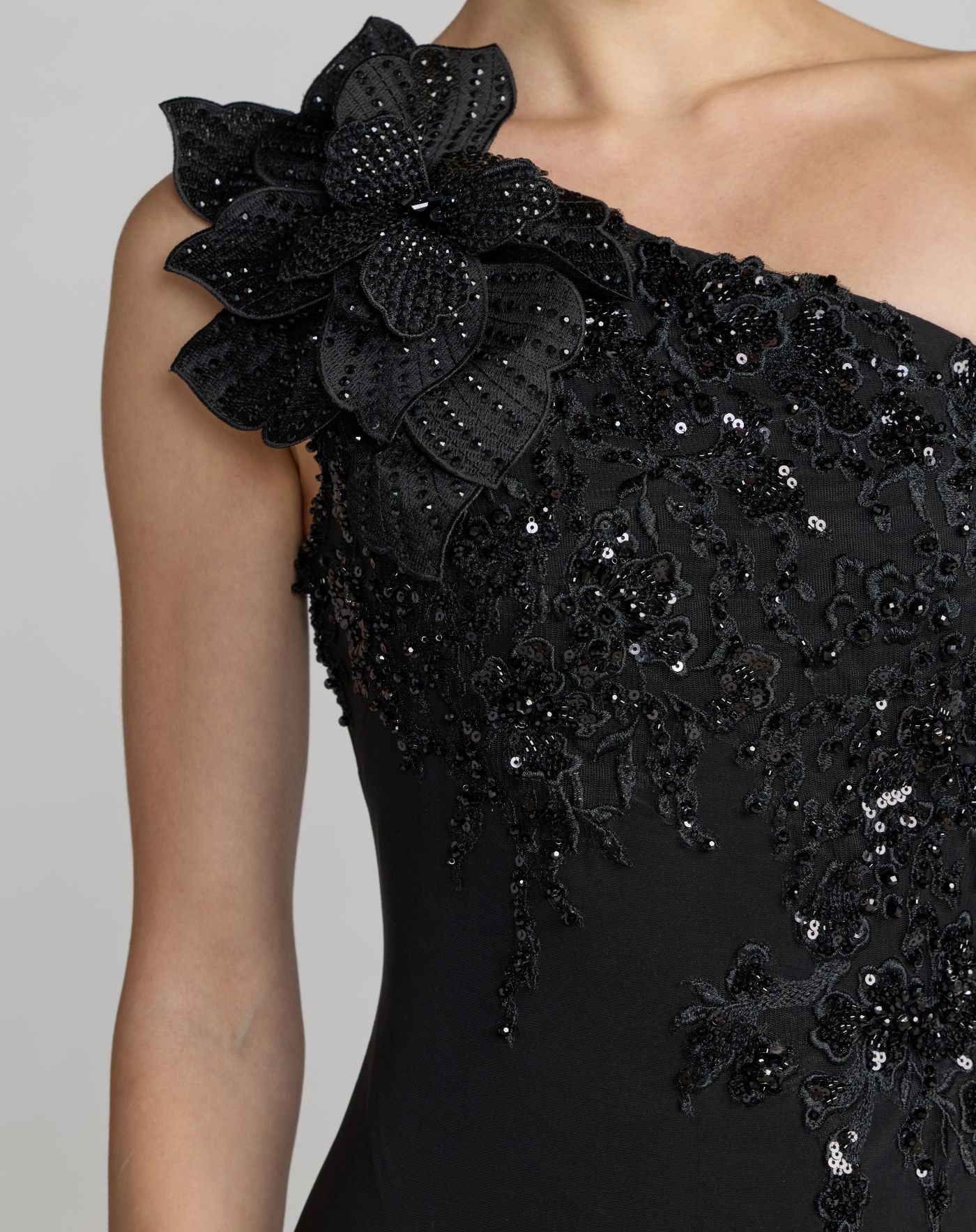 Black Embroidered Jersey One Shoulder Gown with 3D Flower - Mac Duggal