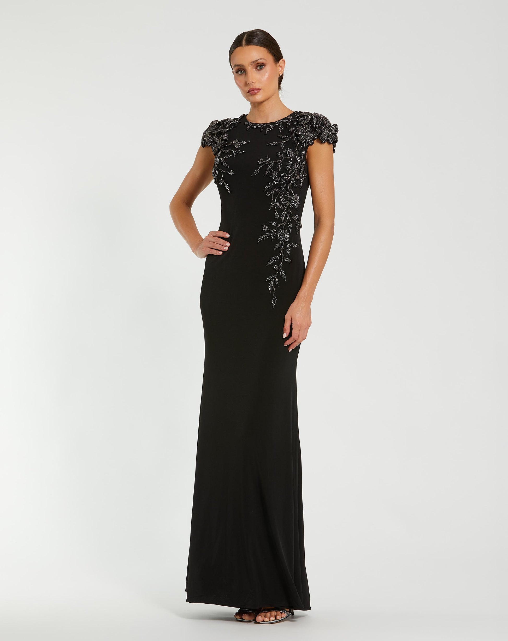 Black Cap Sleeve Jersey Column Gown With Beaded Flowers - Mac Duggal