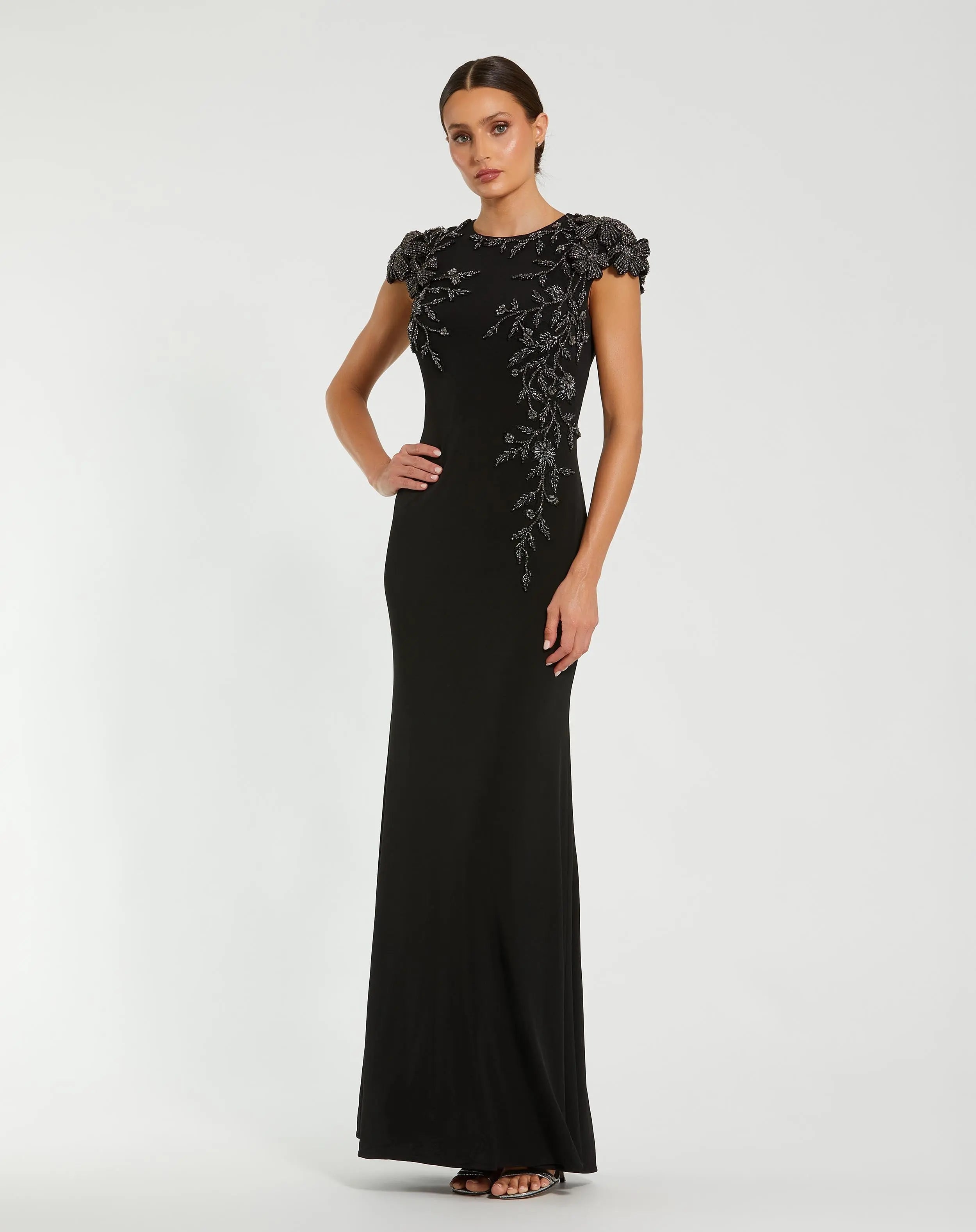 Black Cap Sleeve Jersey Column Gown With Beaded Flowers - Mac Duggal