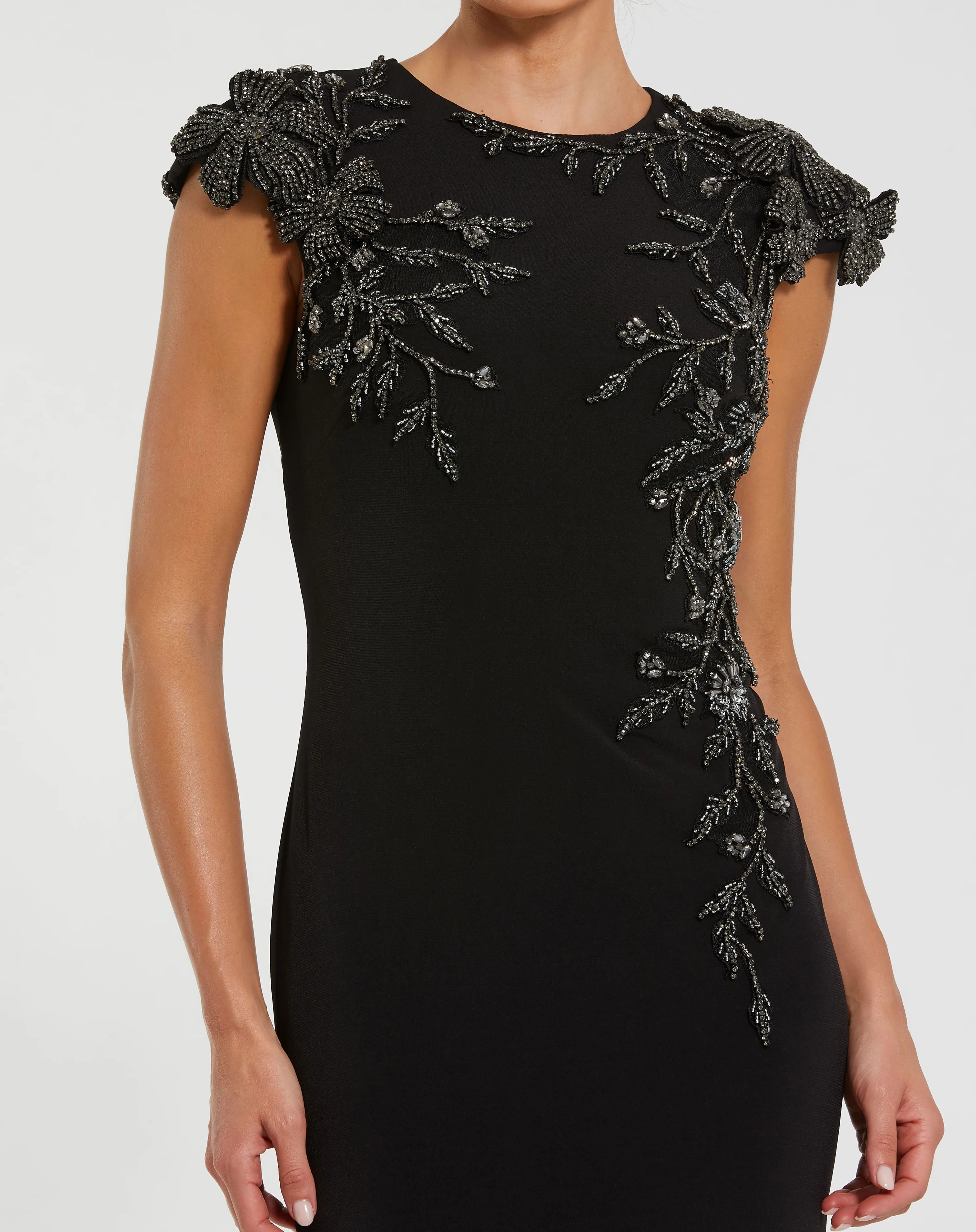 Black Cap Sleeve Jersey Column Gown With Beaded Flowers Mac Duggal