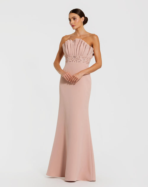 Pink Strapless Crepe Gown With Crystal Embellishments - Mac Duggal