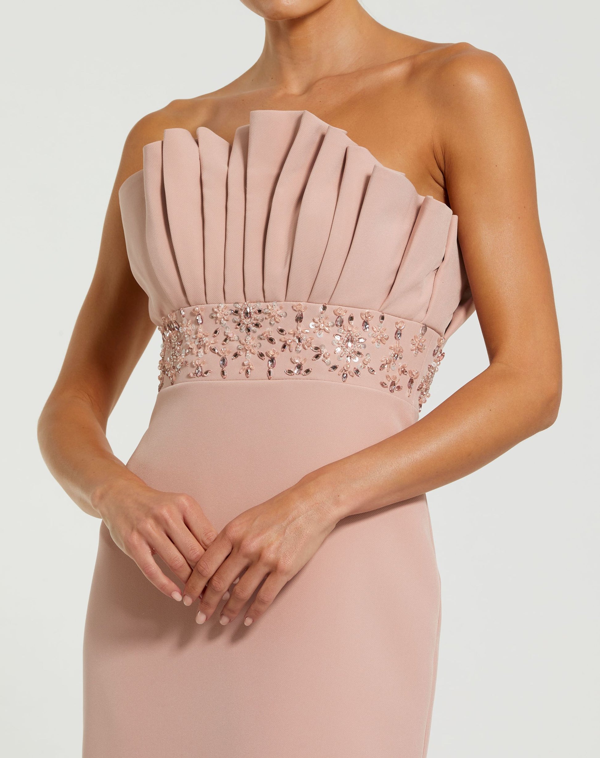 Pink Strapless Crepe Gown With Crystal Embellishments - Mac Duggal