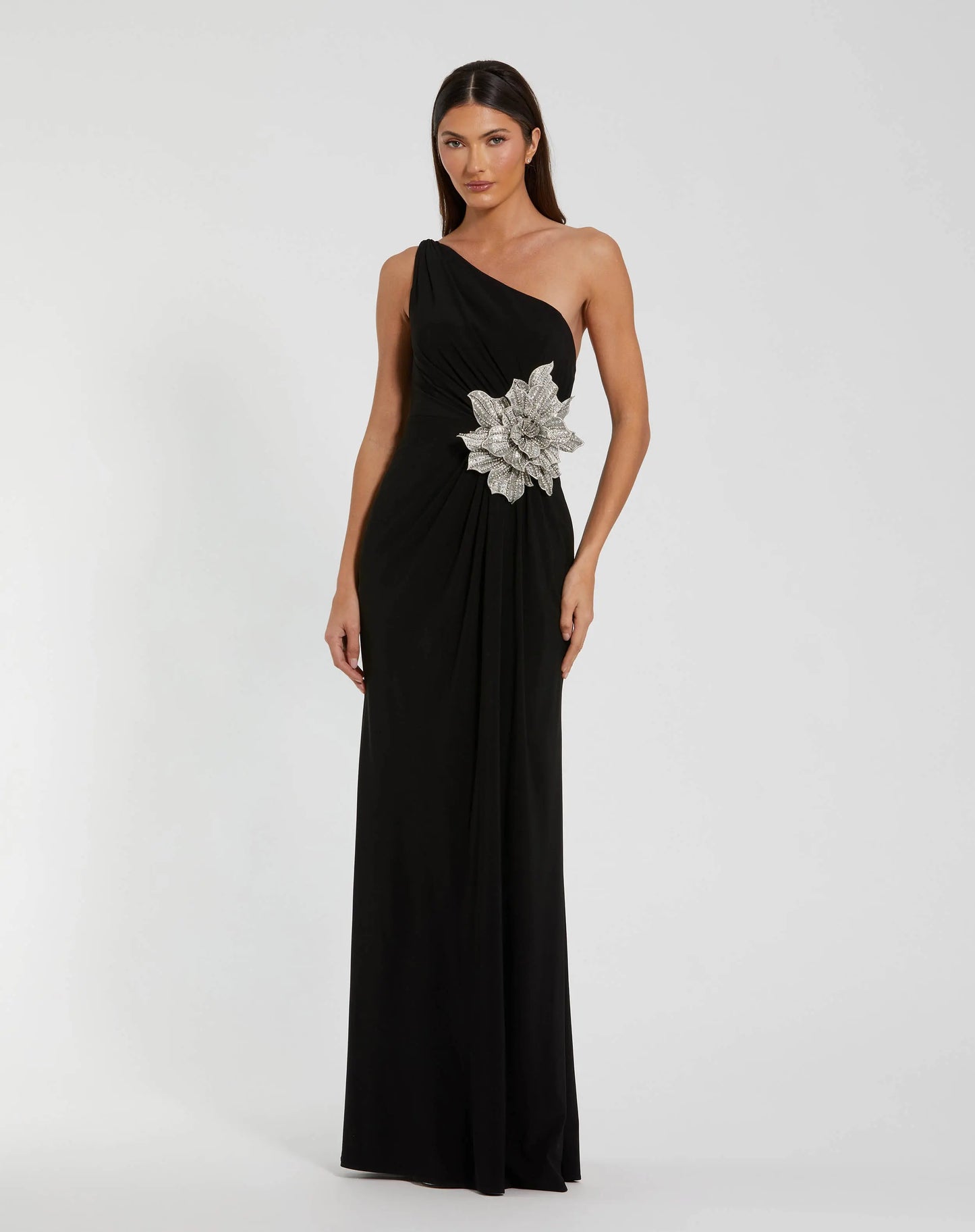 Black One Shoulder Jersey Gown With Rhinestone Flower | Mac Duggal Black One Shoulder Jersey Gown With Rhinestone Flower | Mac Duggal