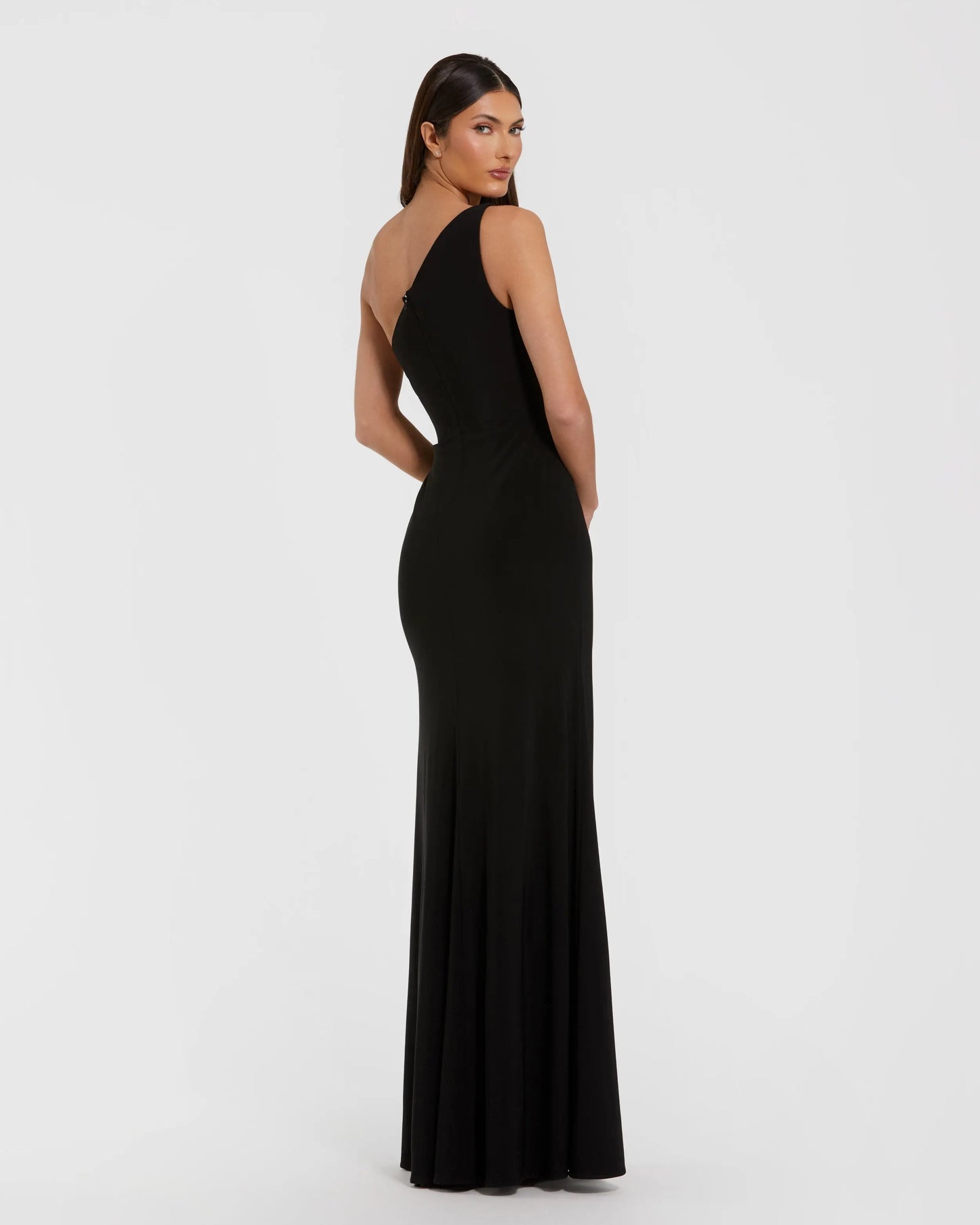 Black One Shoulder Jersey Gown with Rhinestone Flower Mac Duggal