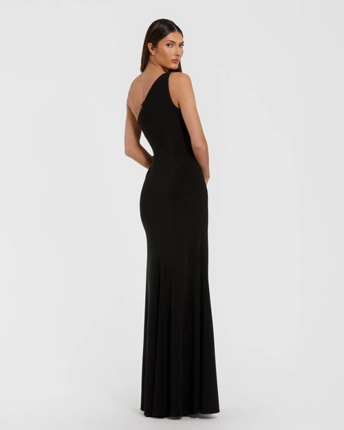 Black One Shoulder Jersey Gown with Rhinestone Flower Mac Duggal