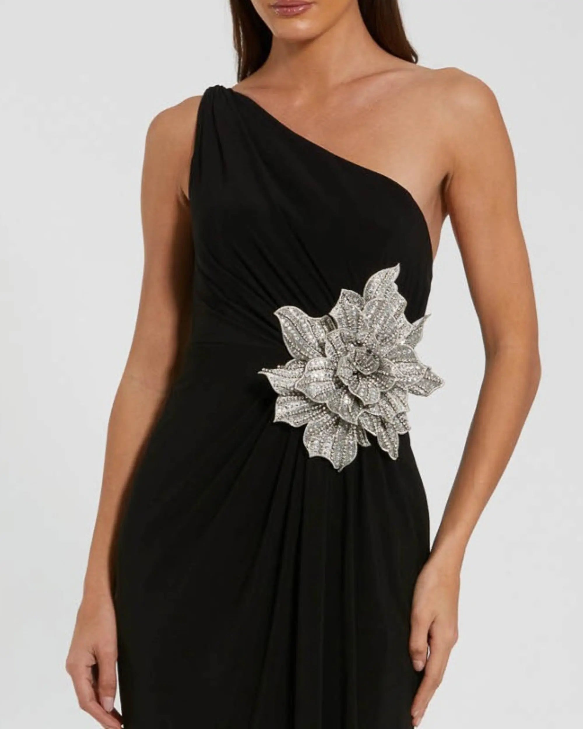 Black One Shoulder Jersey Gown With Rhinestone Flower | Mac Duggal
