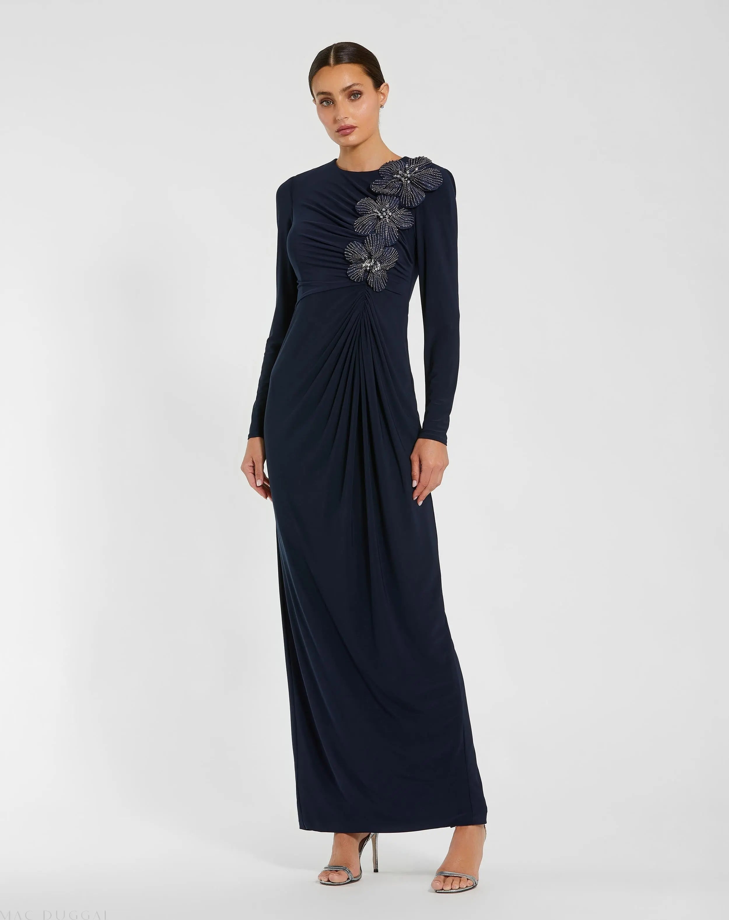 Navy Jersey Long Sleeve Fitted Gown With 3D Flowers - Mac Duggal