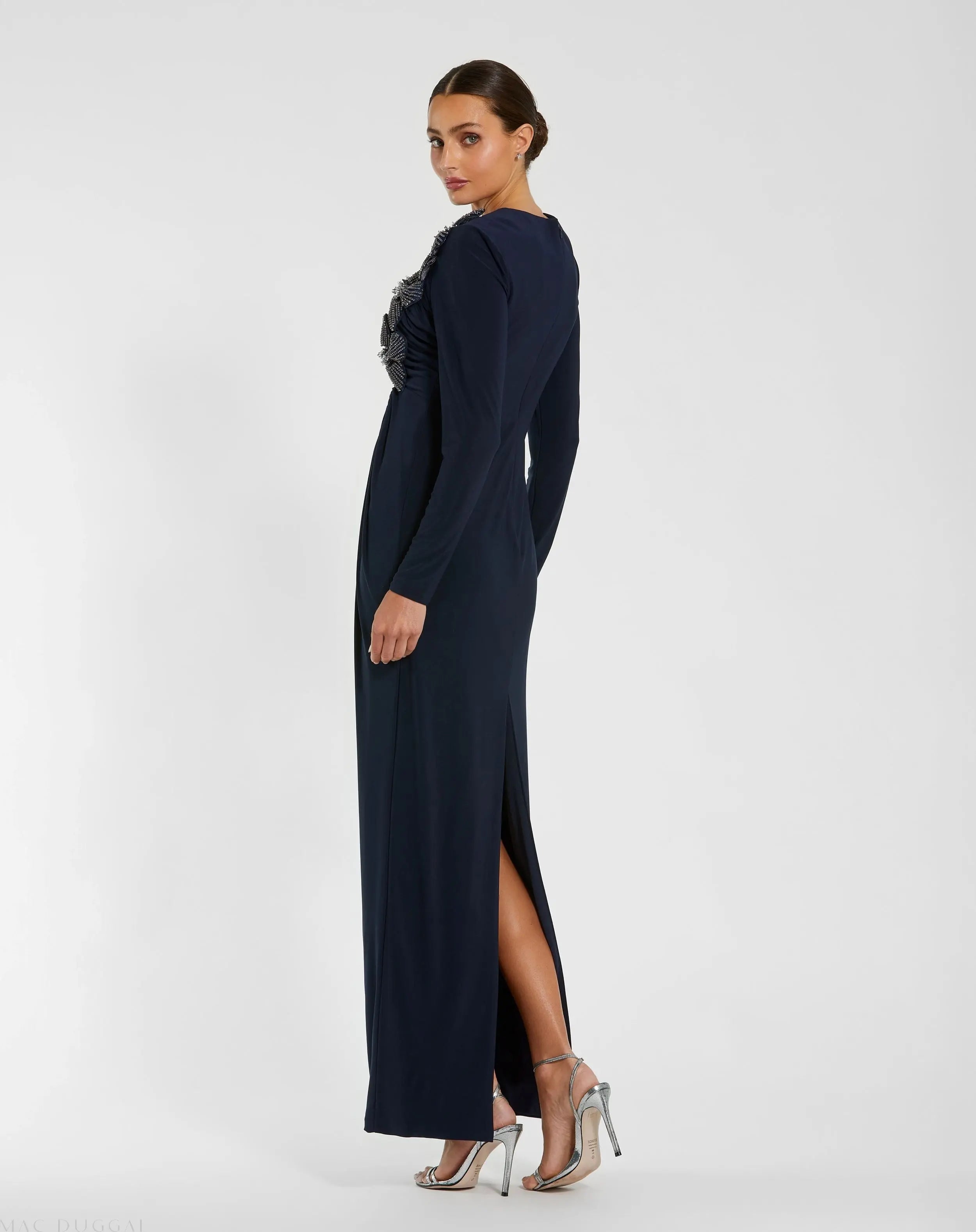 Navy Jersey Long Sleeve Fitted Gown With 3D Flowers - Mac Duggal
