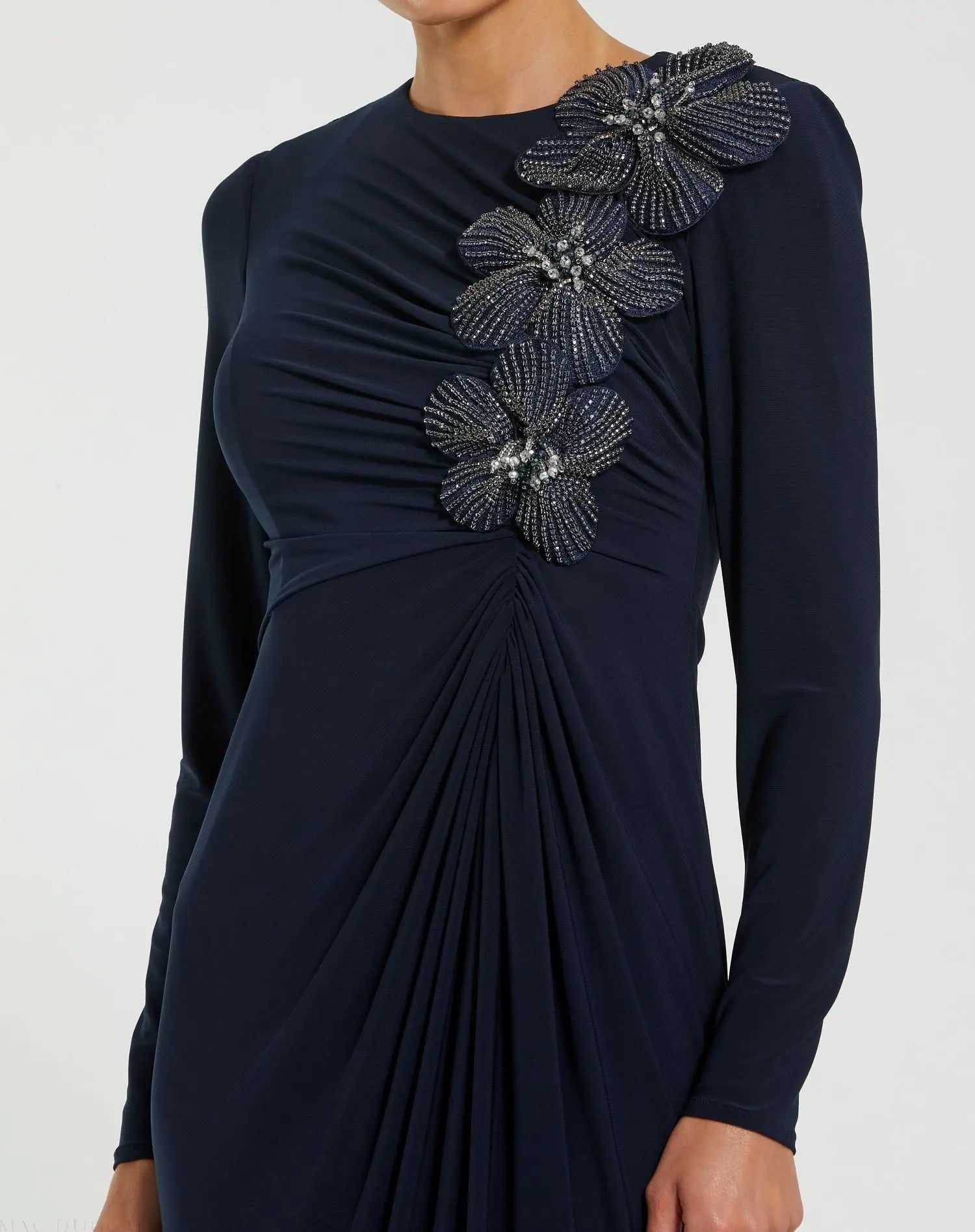 Navy Jersey Long Sleeve Fitted Gown With 3D Flowers - Mac Duggal