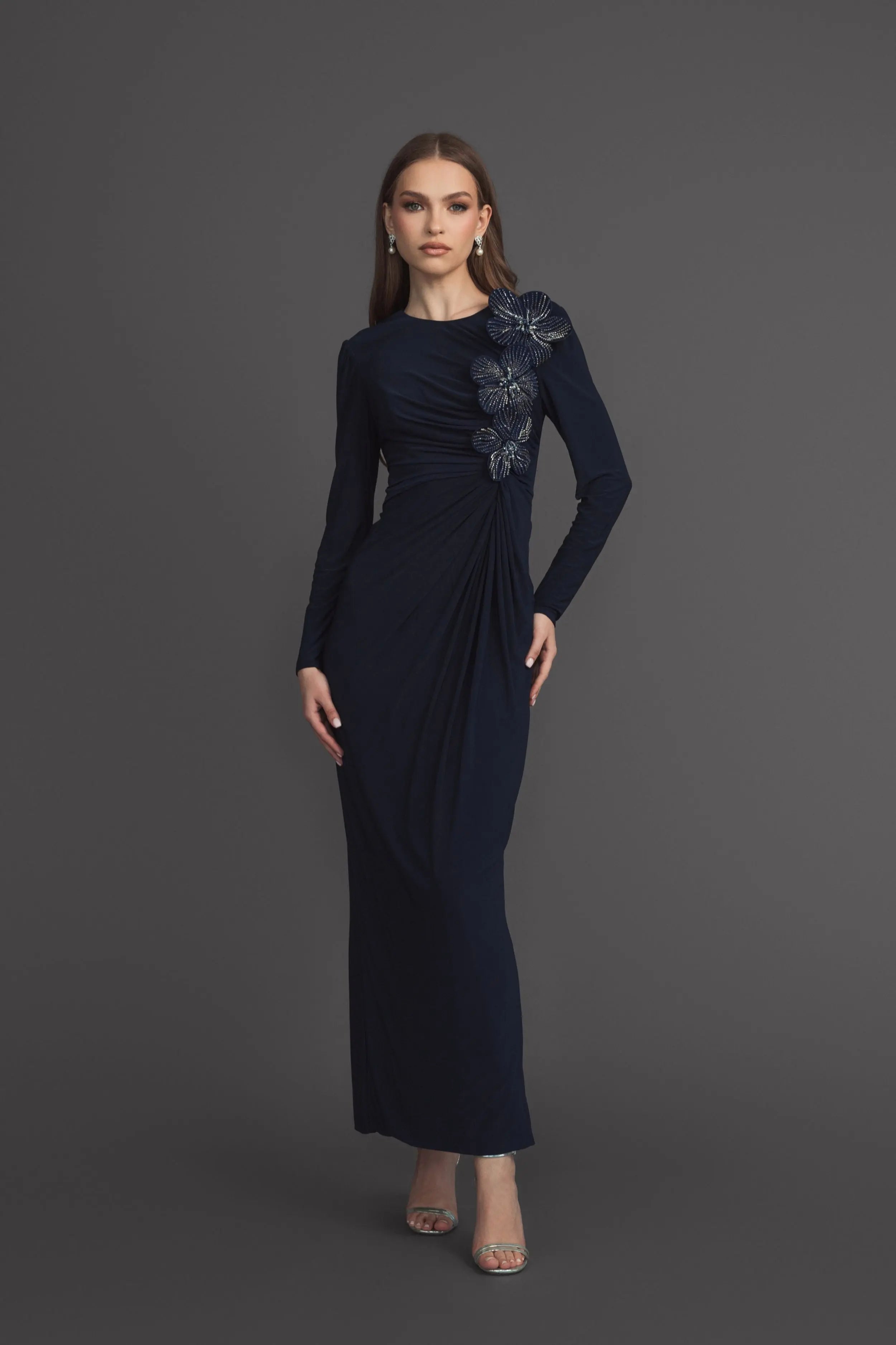 Navy Jersey Long Sleeve Fitted Gown With 3D Flowers - Mac Duggal