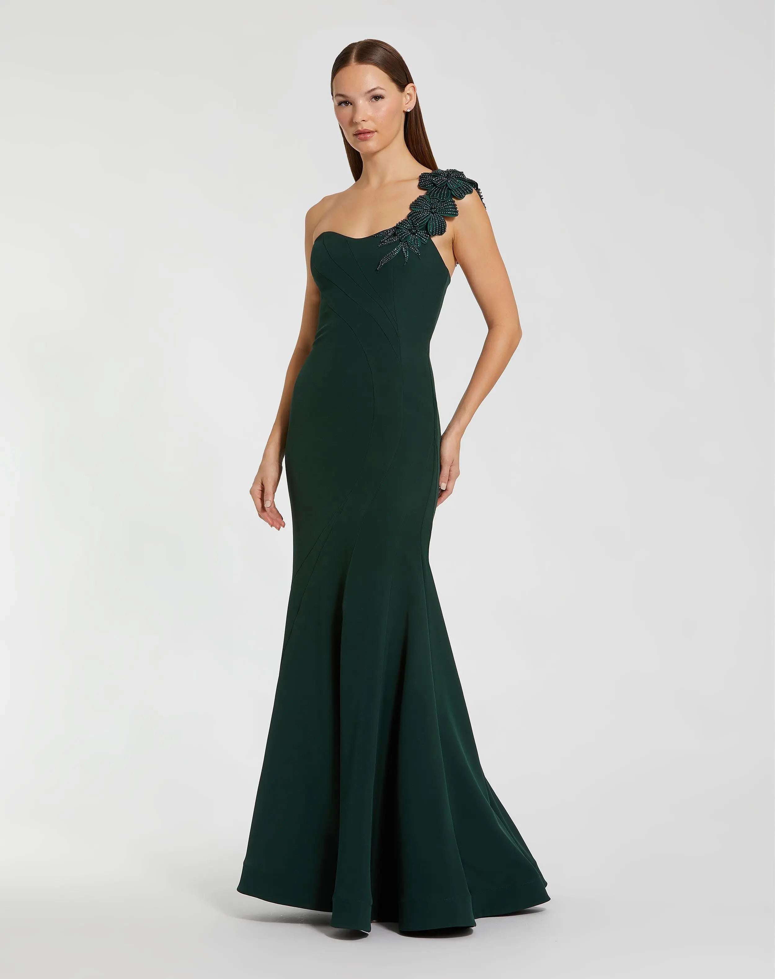 Dark Green Crepe One Shoulder Beaded Flower Mermaid Gown - Ieena for Mac Duggal