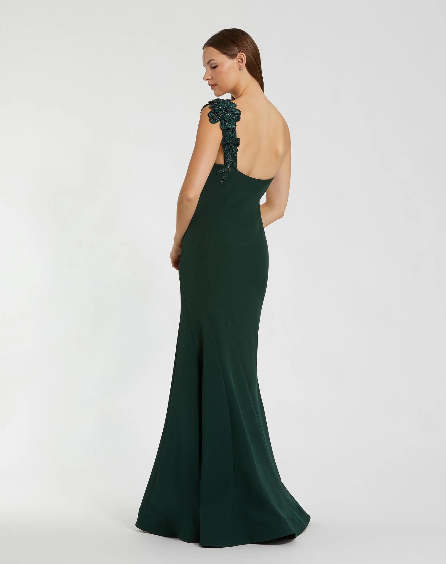Dark Green Crepe One Shoulder Beaded Flower Mermaid Gown - Ieena for Mac Duggal