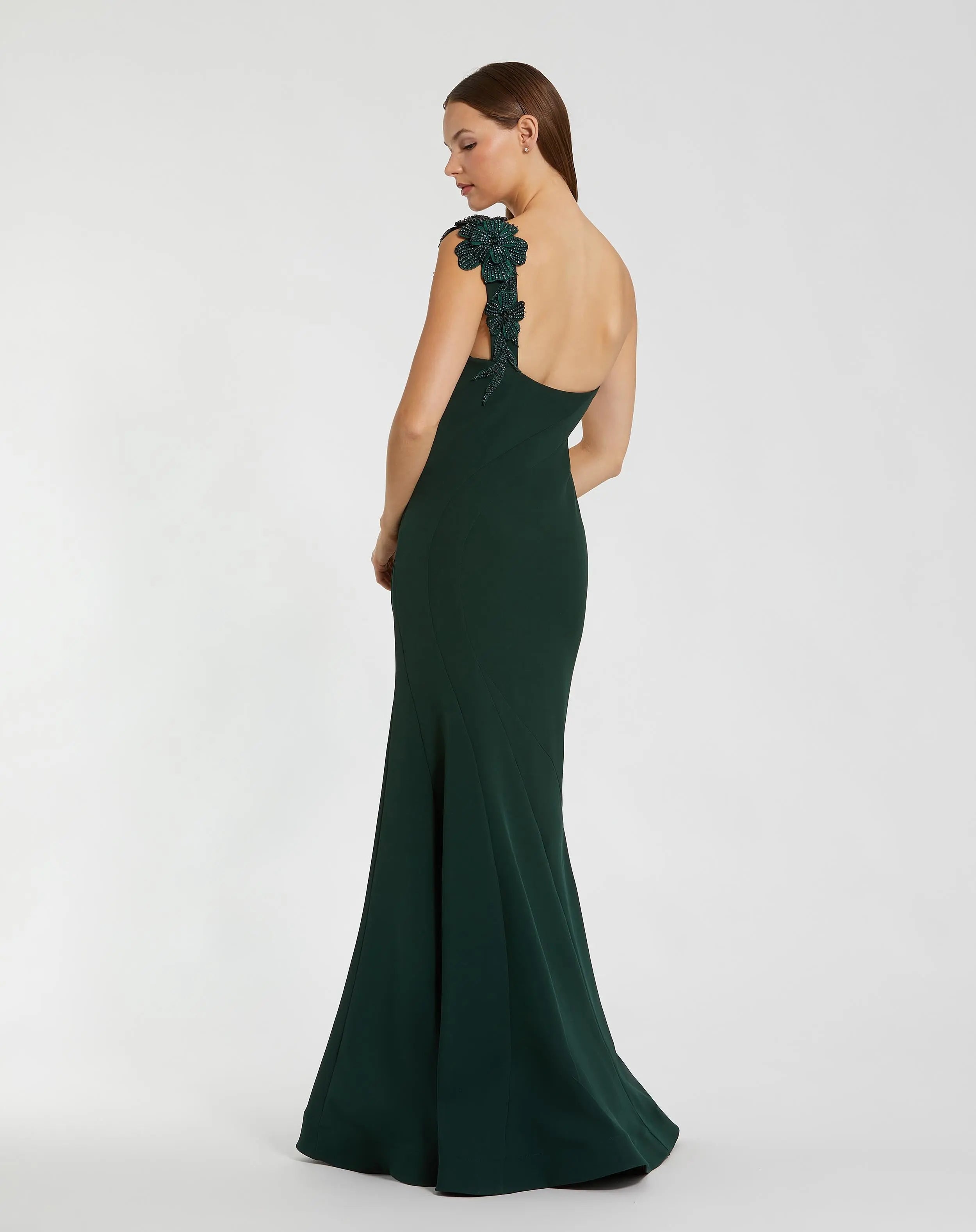 Dark Green Crepe One Shoulder Beaded Flower Mermaid Gown - Ieena for Mac Duggal