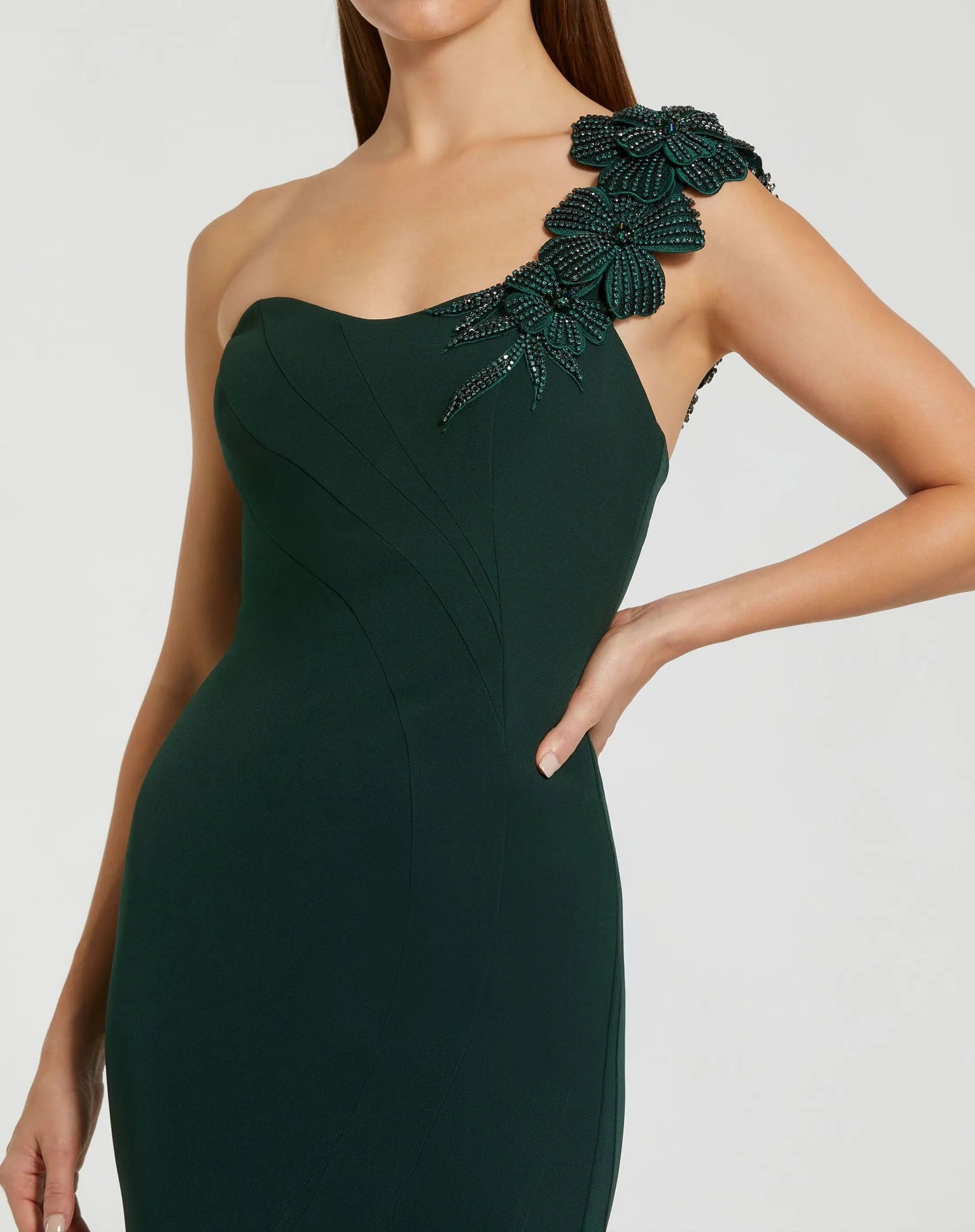 Dark Green Crepe One Shoulder Beaded Flower Mermaid Gown - Ieena for Mac Duggal