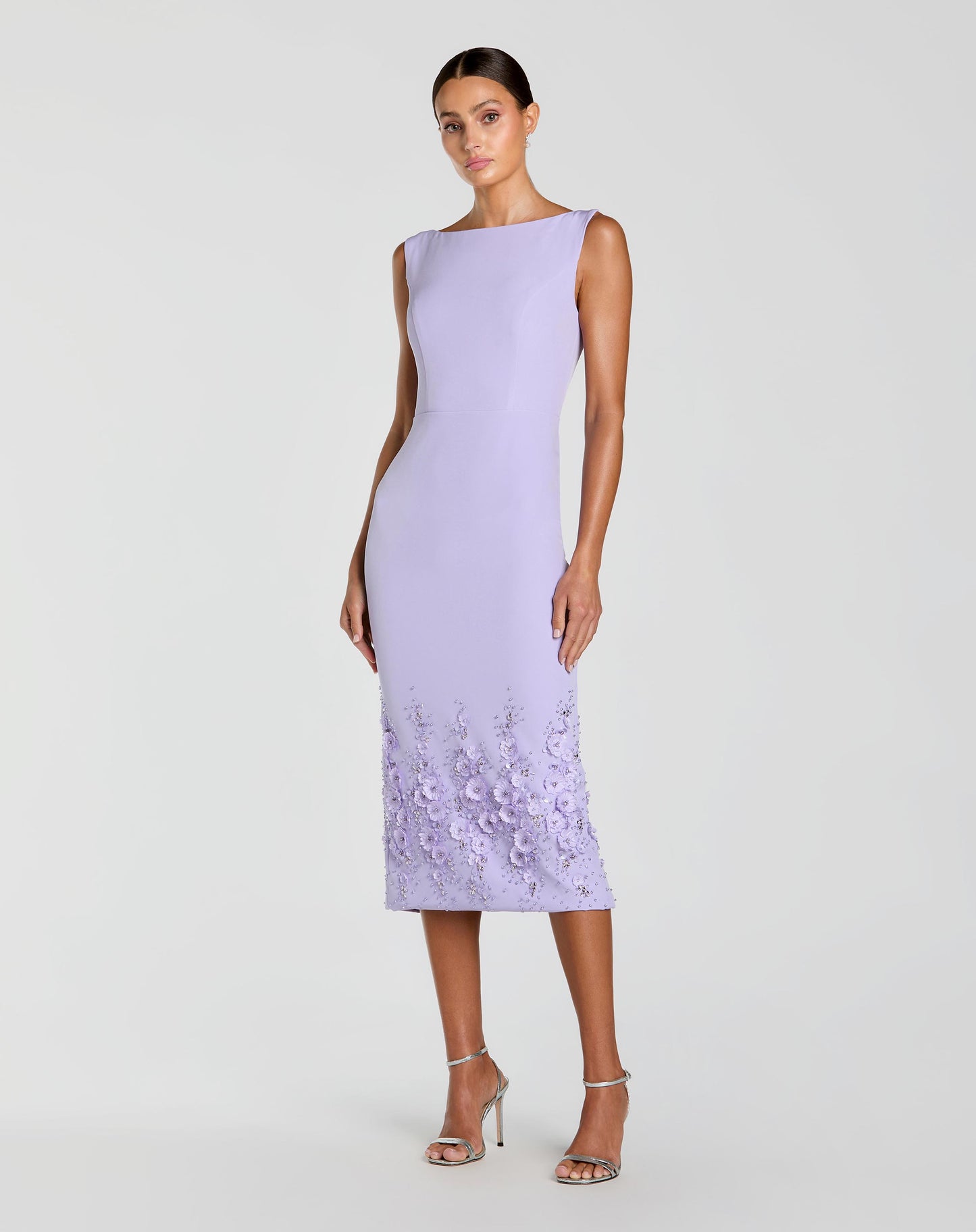 Purple Crepe Sleeveless Midi Dress With Flower Beading Mac Duggal