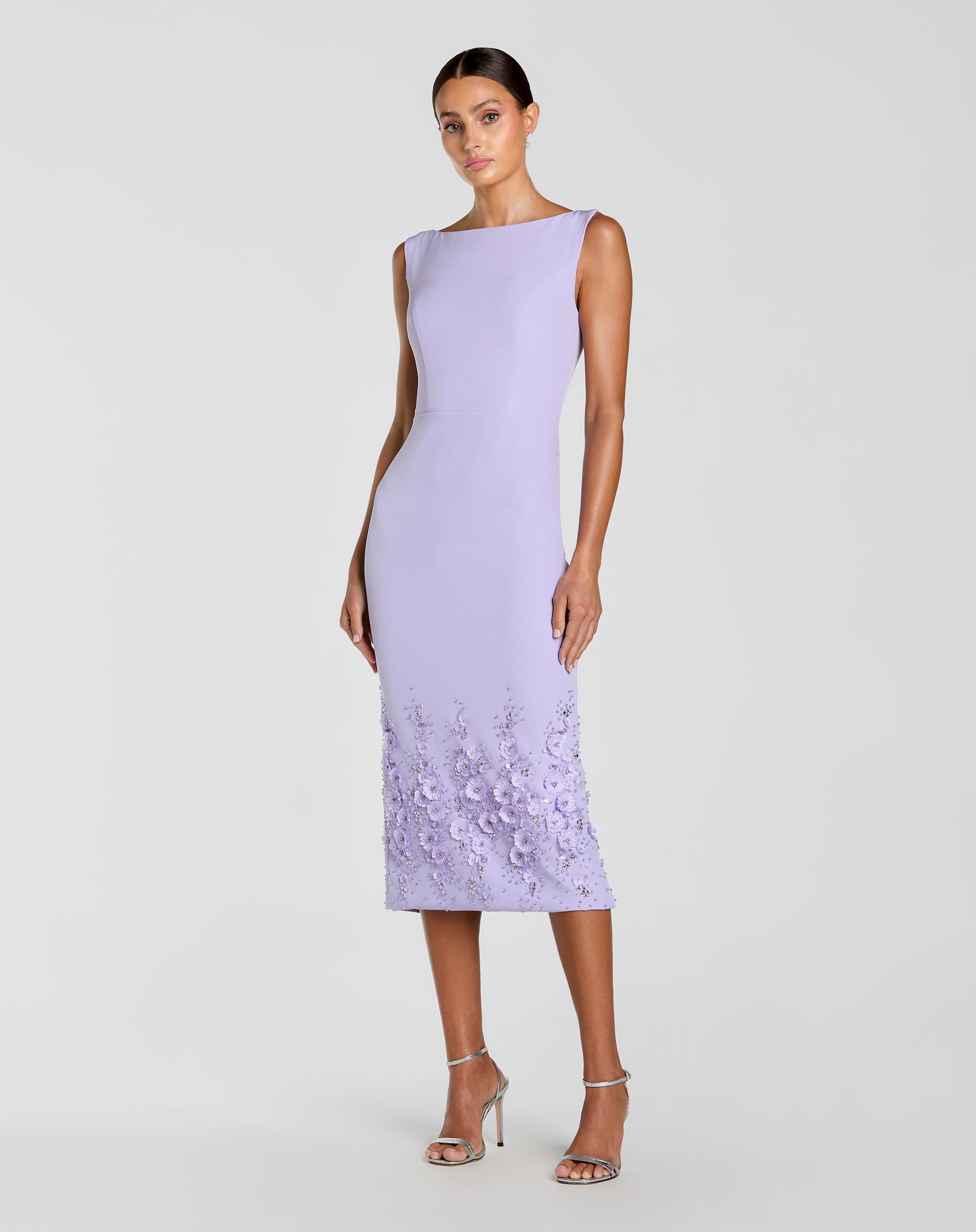 Purple Crepe Sleeveless Midi Dress With Flower Beading Mac Duggal