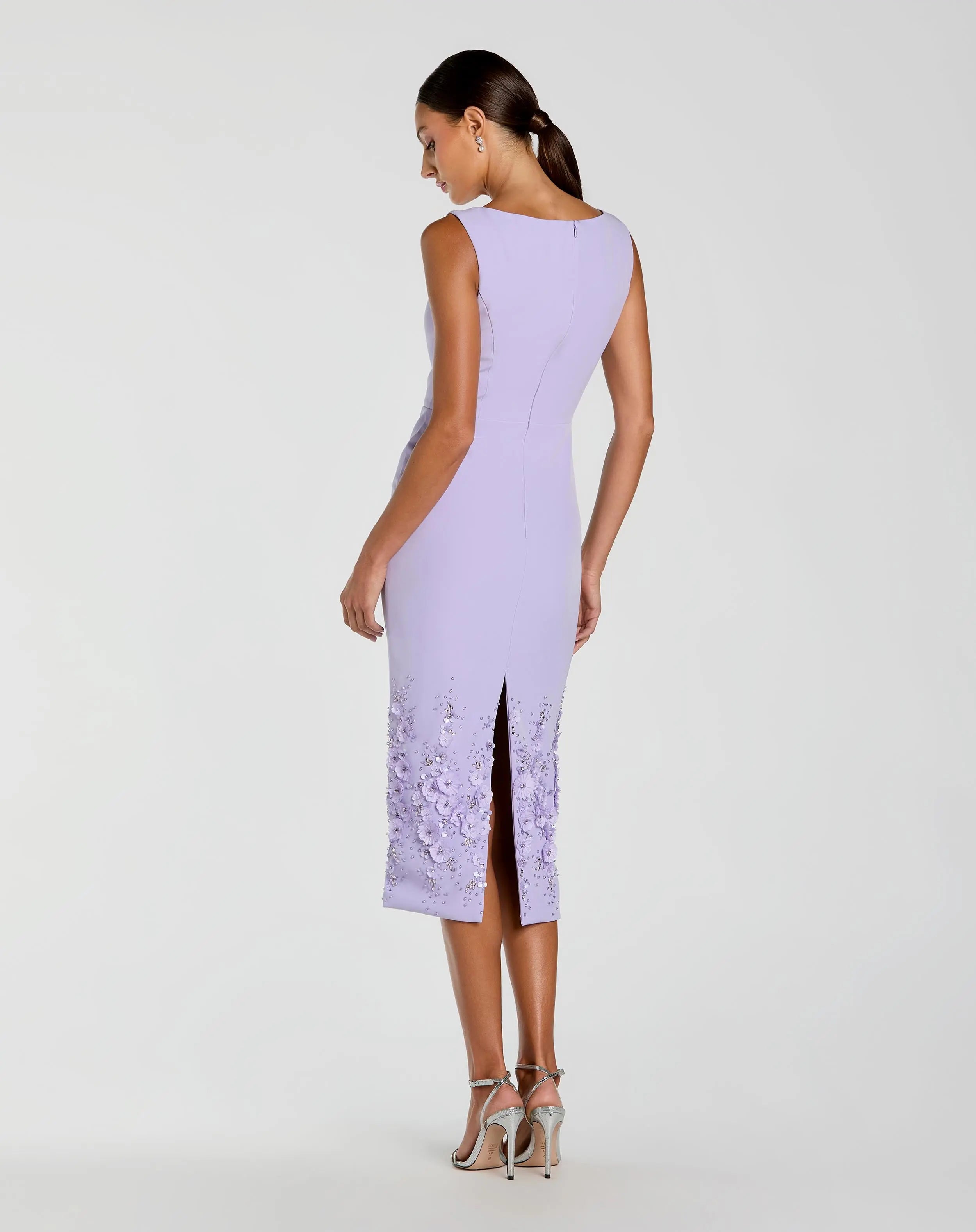 Purple Crepe Sleeveless Midi Dress With Flower Beading | Mac Duggal Purple Crepe Sleeveless Midi Dress With Flower Beading | Mac Duggal