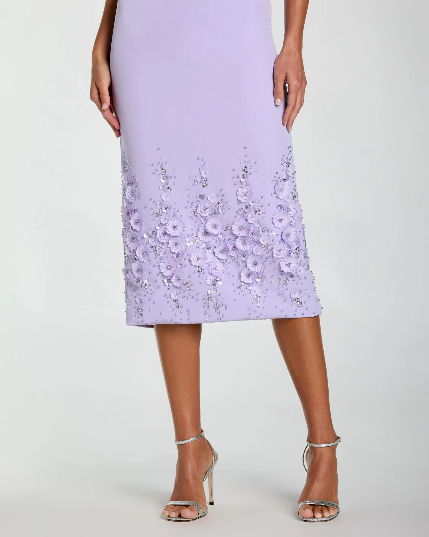 Purple Crepe Sleeveless Midi Dress With Flower Beading | Mac Duggal Purple Crepe Sleeveless Midi Dress With Flower Beading | Mac Duggal