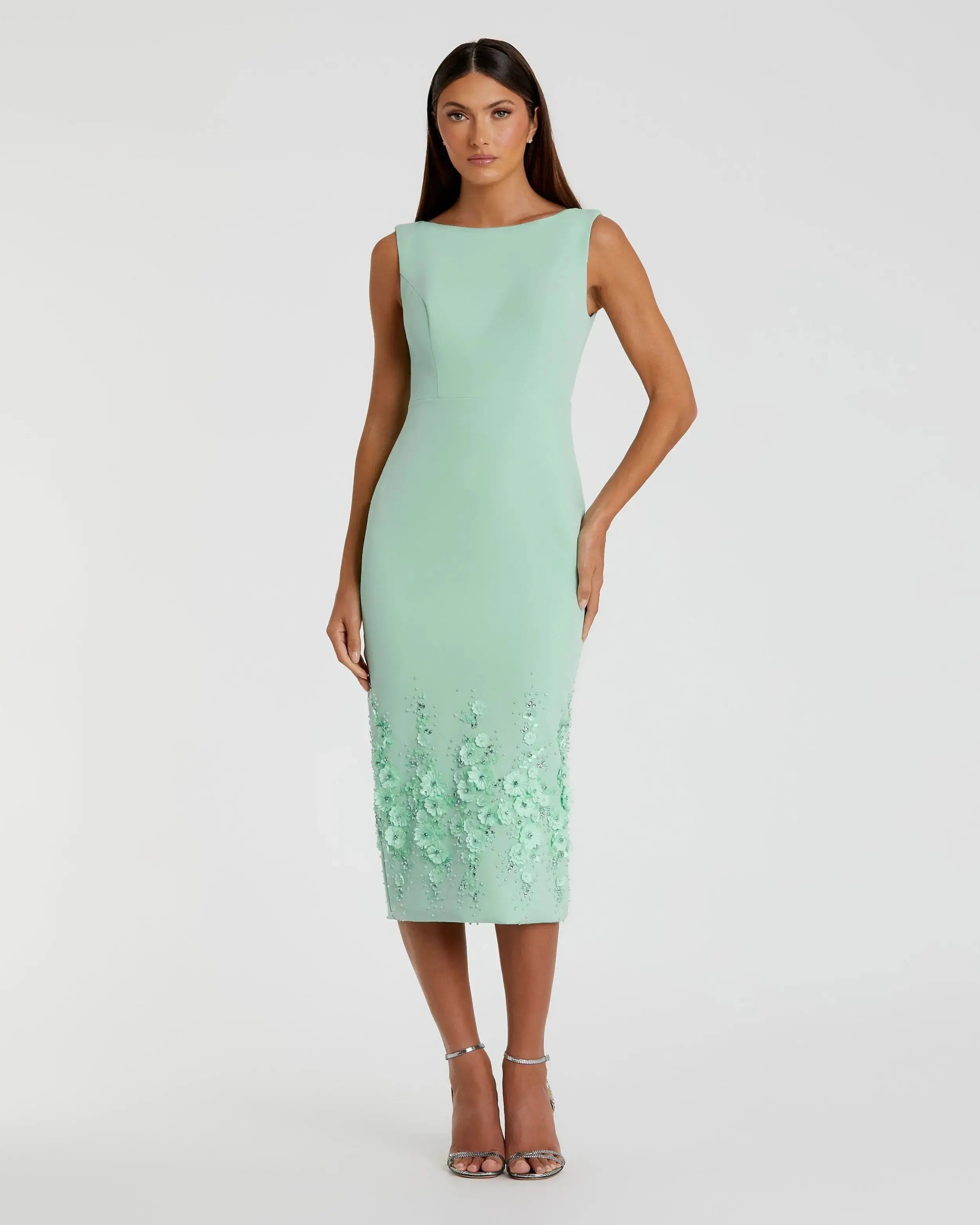 Green Crepe Sleeveless Midi Dress With Flower Beading Mac Duggal