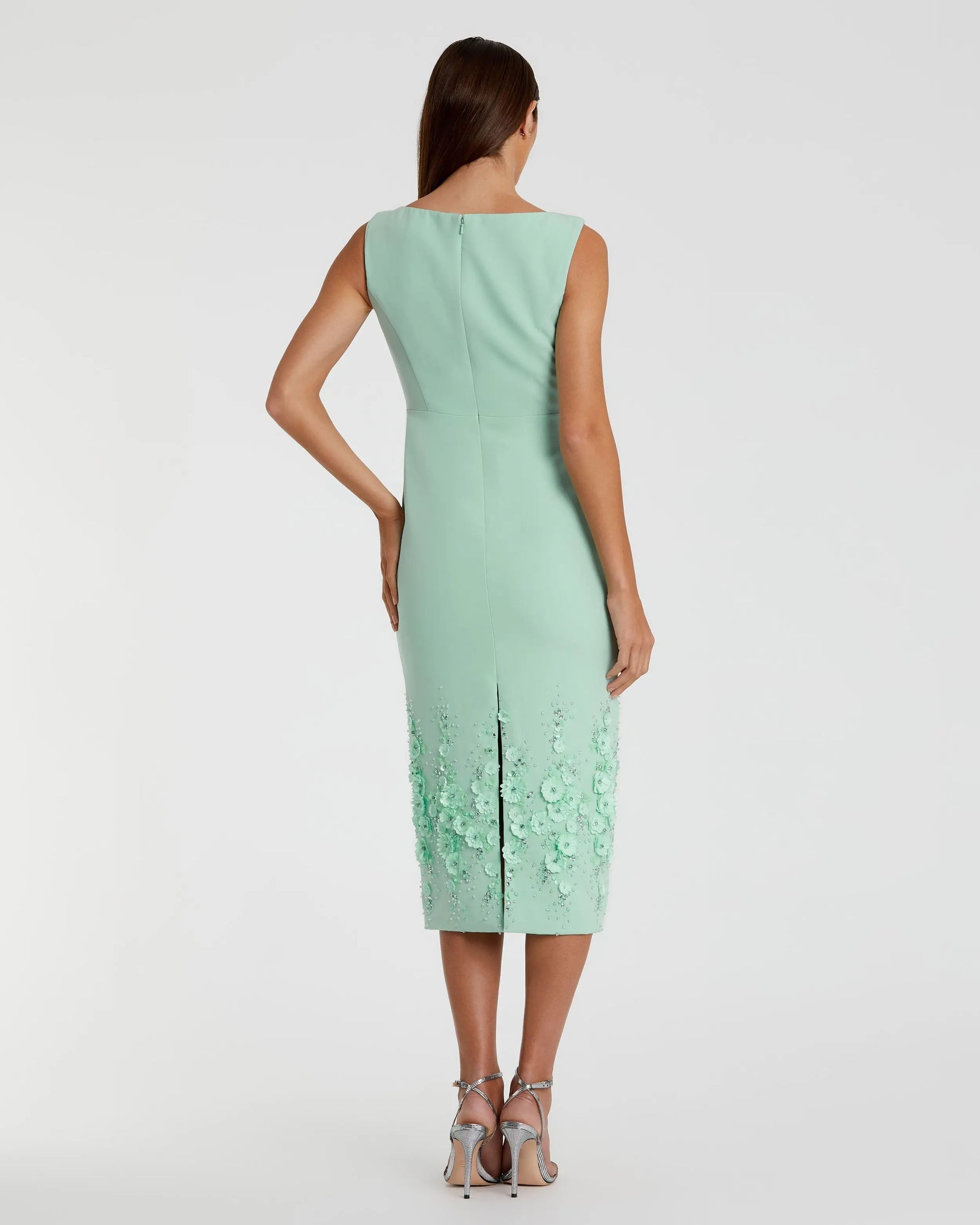 Green Crepe Sleeveless Midi Dress With Flower Beading | Mac Duggal Green Crepe Sleeveless Midi Dress With Flower Beading | Mac Duggal