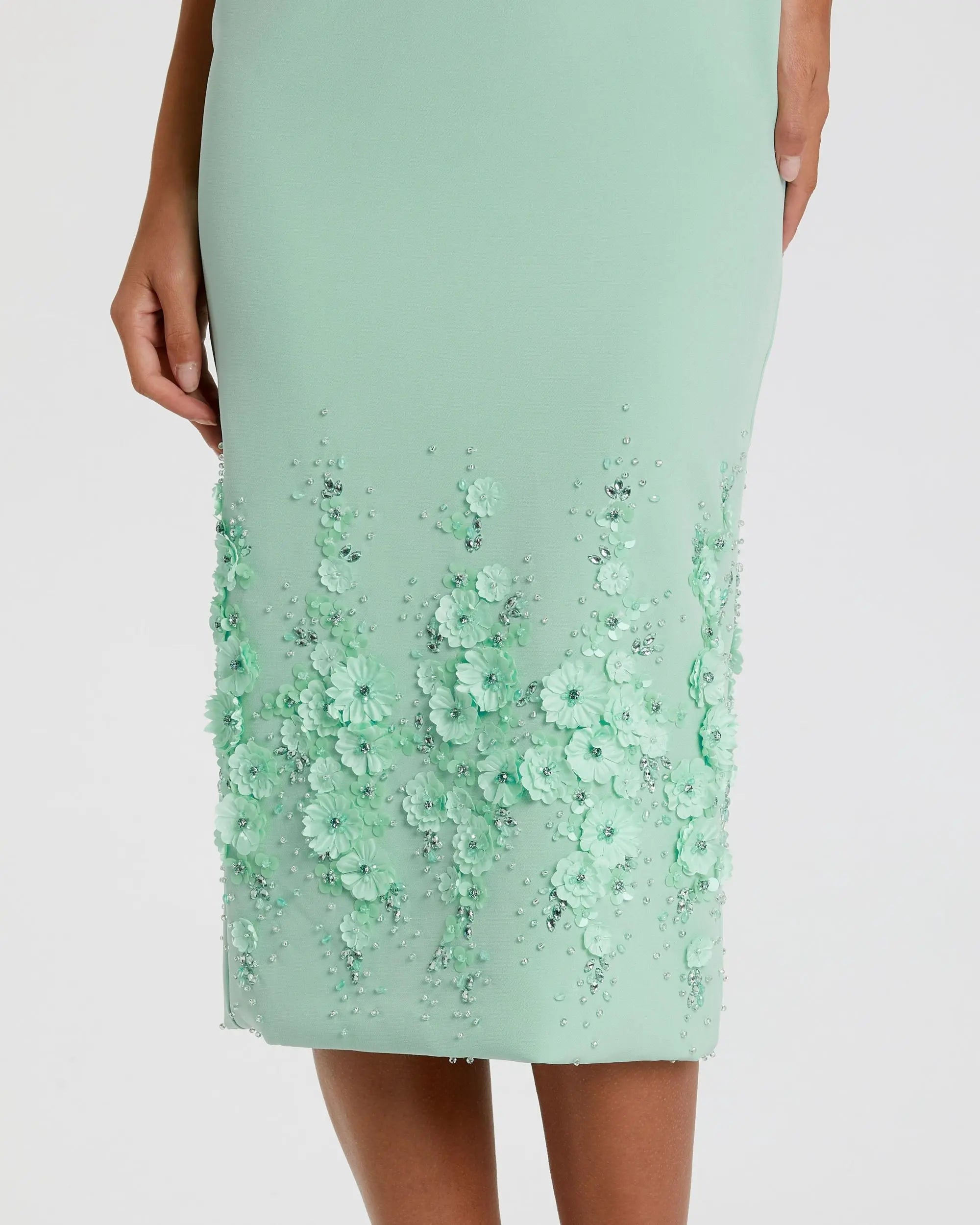 Green Crepe Sleeveless Midi Dress With Flower Beading | Mac Duggal Green Crepe Sleeveless Midi Dress With Flower Beading | Mac Duggal