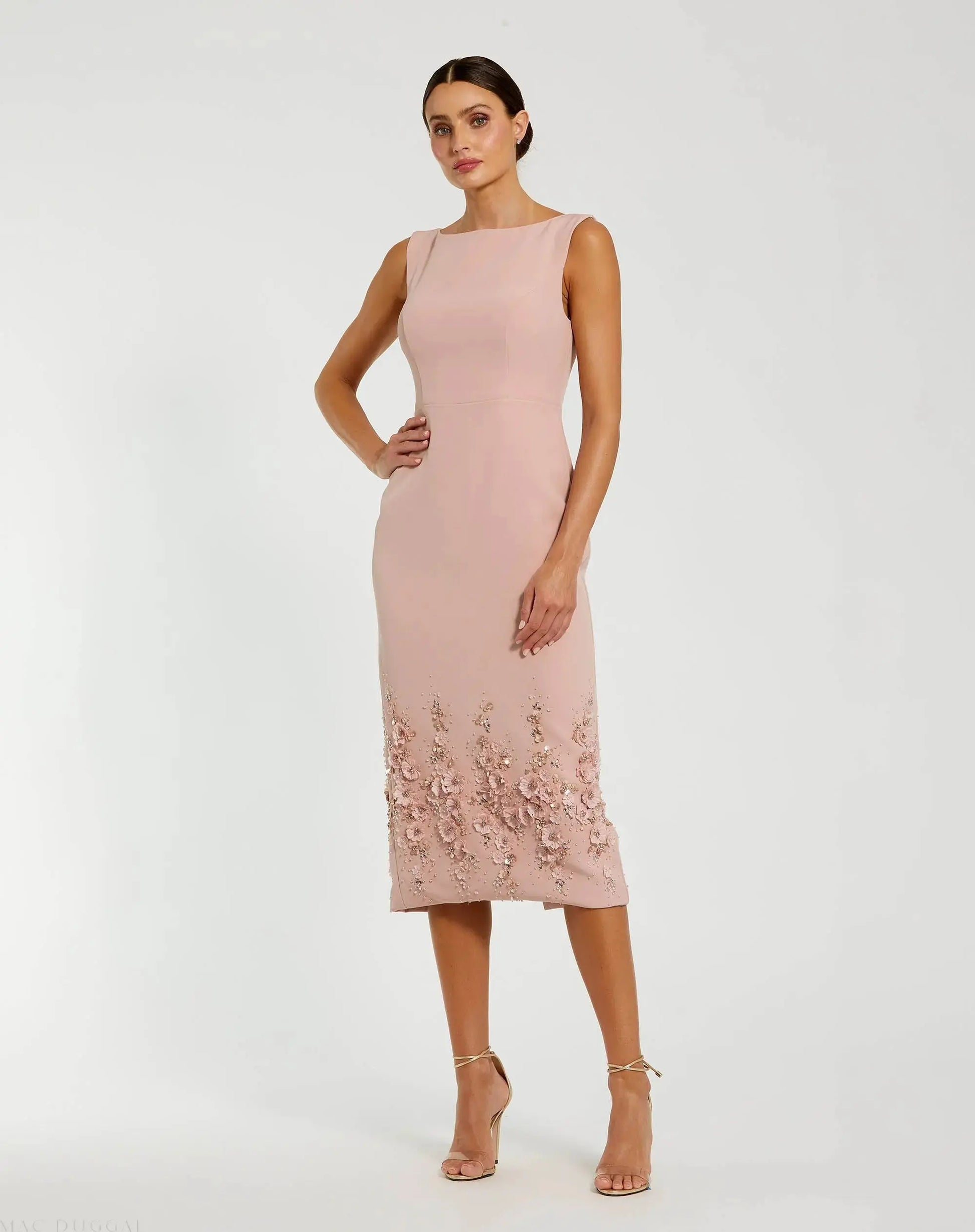 Pink Crepe Sleeveless Midi Dress With Flower Beading | Mac Duggal Pink Crepe Sleeveless Midi Dress With Flower Beading | Mac Duggal