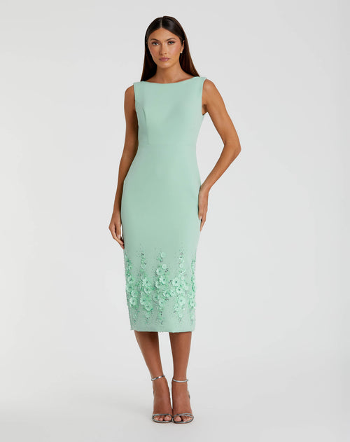 Green Crepe Sleeveless  Midi Dress With Flower Beading