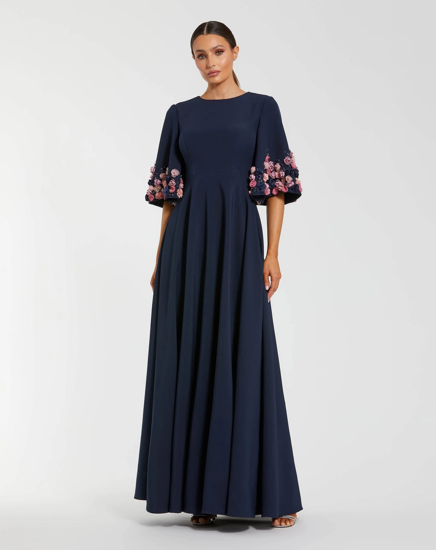 Navy Crepe 3/4 Sleeve A-line Gown With Flower Trim - Mac Duggal