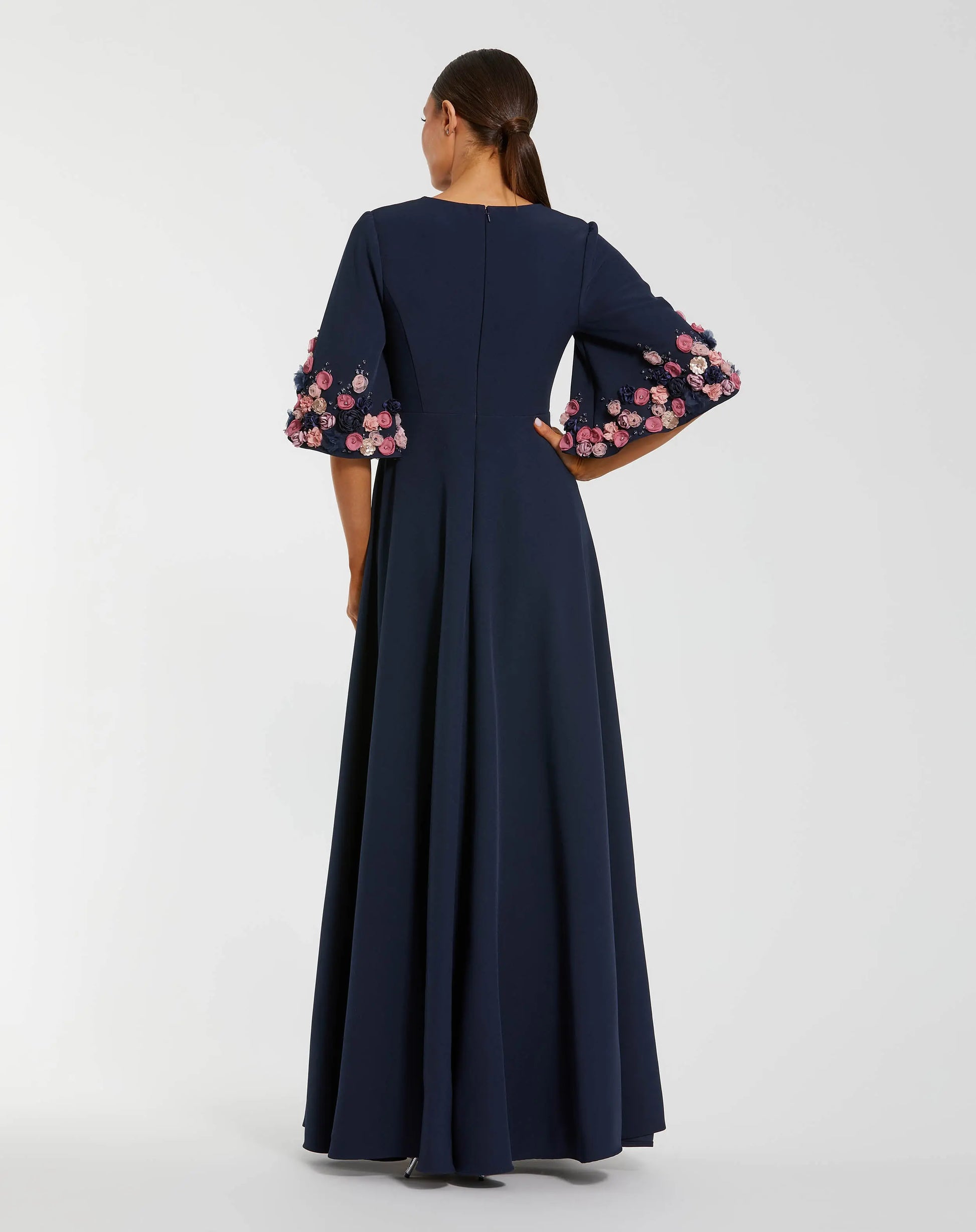 Navy Crepe 3/4 Sleeve A-line Gown With Flower Trim | Mac Duggal Navy Crepe 3/4 Sleeve A-line Gown With Flower Trim | Mac Duggal