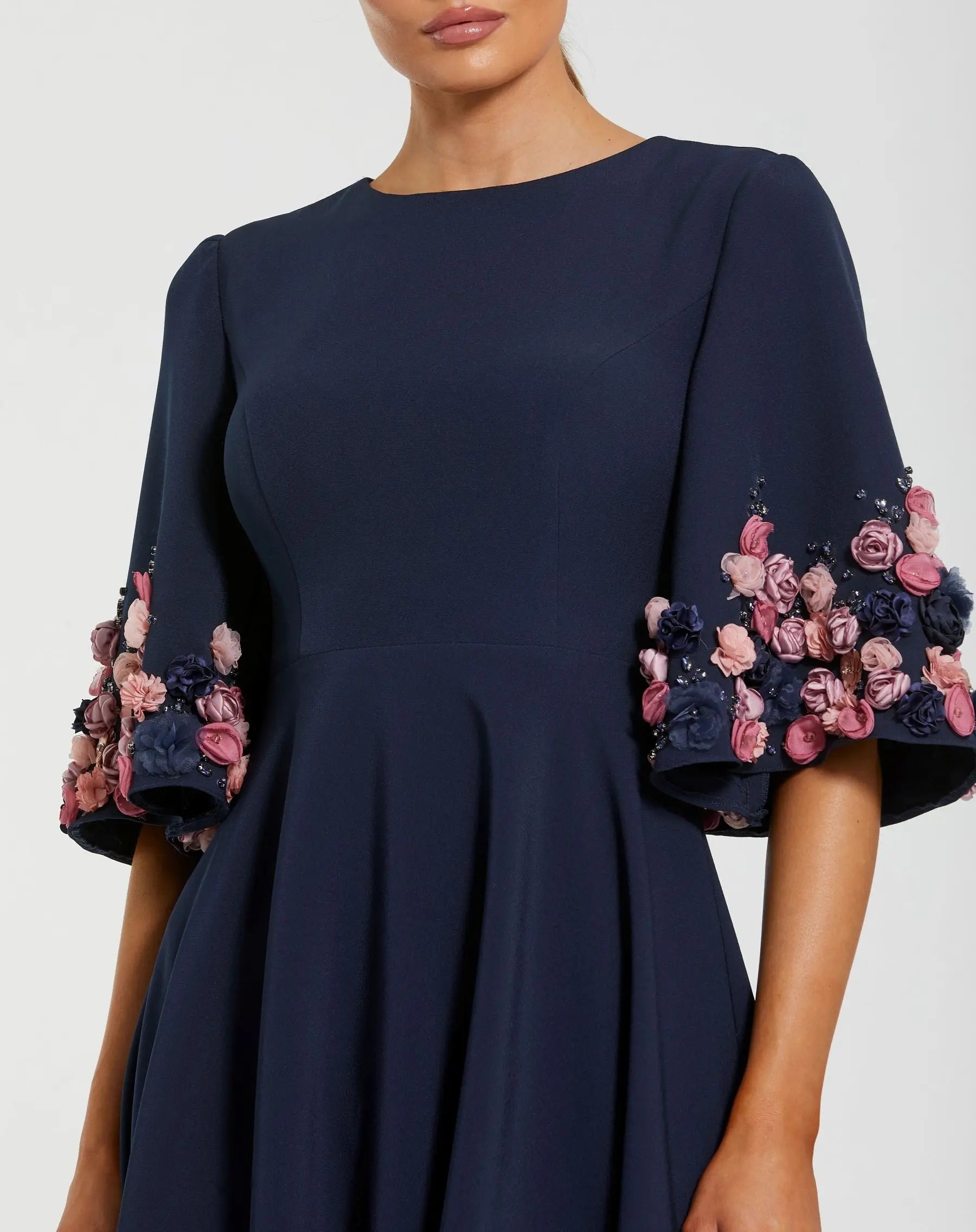 white christmas dresses Navy Crepe 3/4 Sleeve A-line Gown With Flower Trim