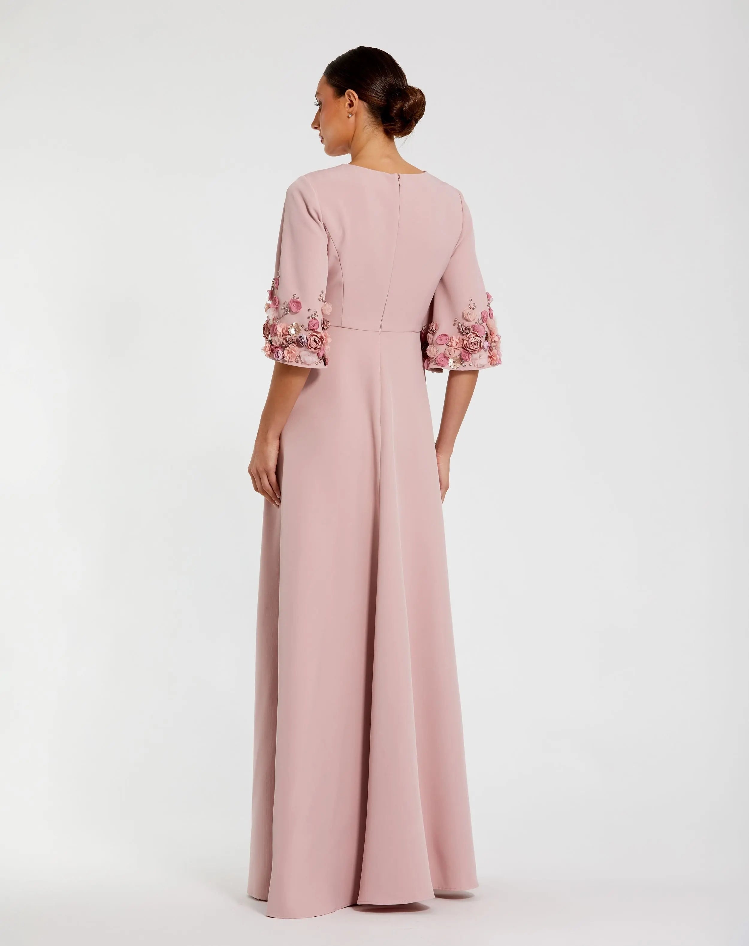 Pink Crepe 3/4 Sleeve A-line Gown With Flower Trim Mac Duggal