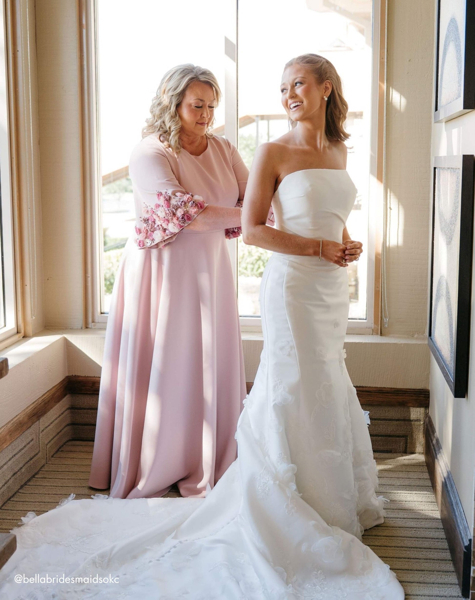 Pink Crepe 3/4 Sleeve A-line Mother of the Bride Gown With Flower Trim - Mac Duggal
