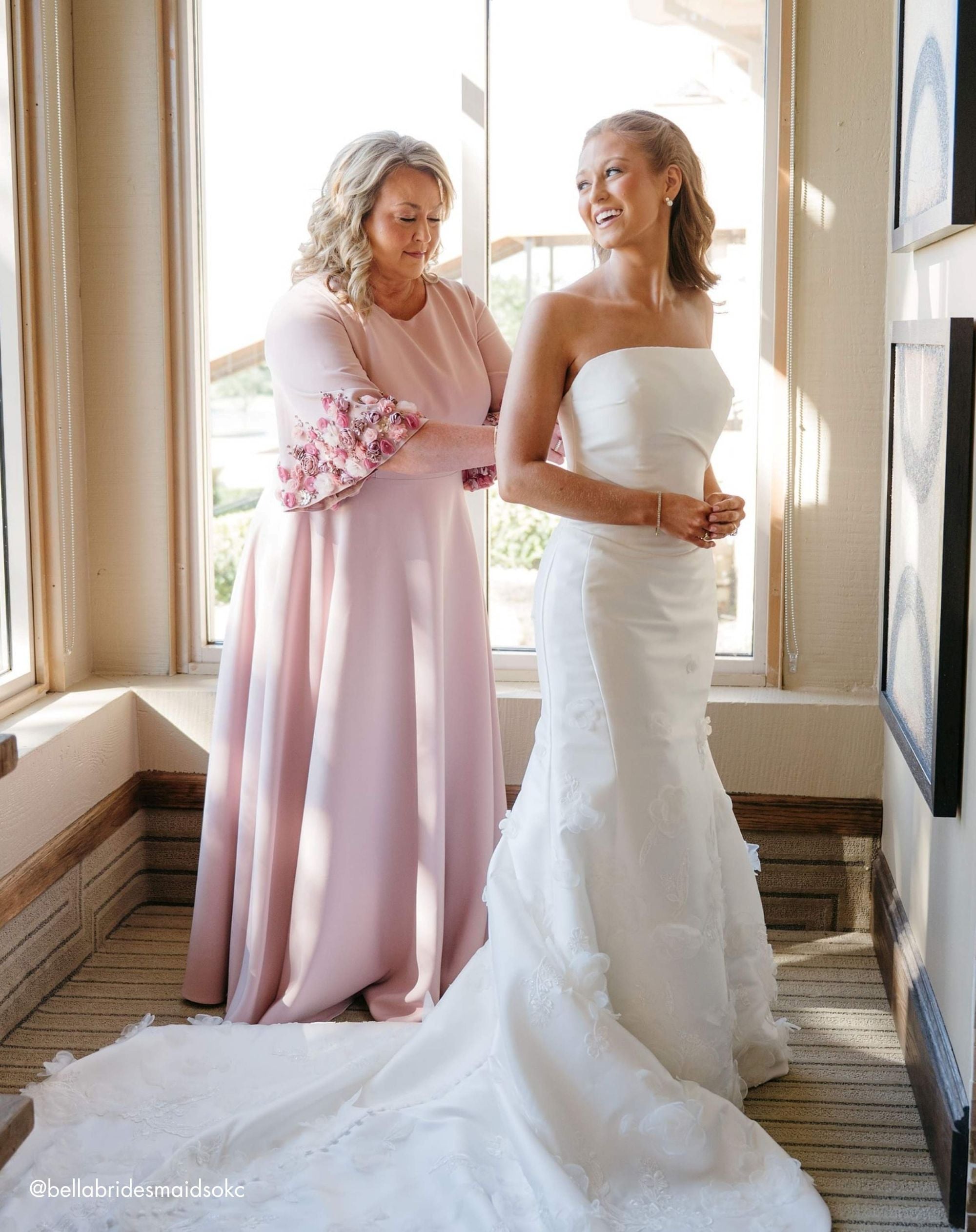 Pink Crepe 3/4 Sleeve A-line Mother of the Bride Gown With Flower Trim - Mac Duggal