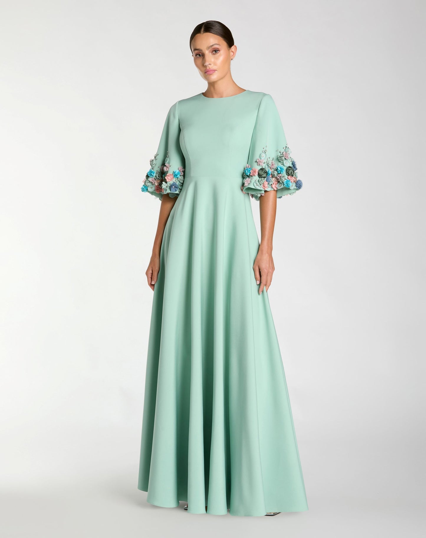 Green Crepe 3/4 Sleeve A-line Gown With Flower Trim - Mac Duggal