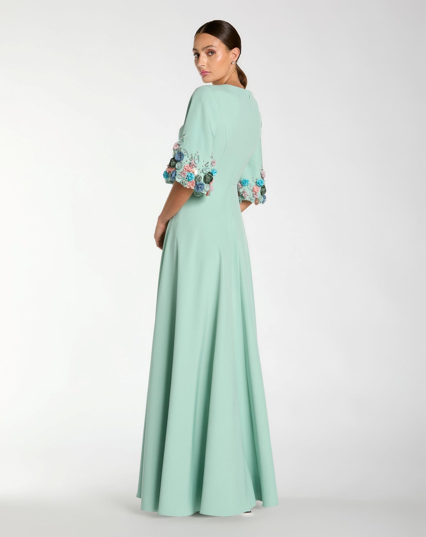 Green Crepe 3/4 Sleeve A-line Gown With Flower Trim - Mac Duggal