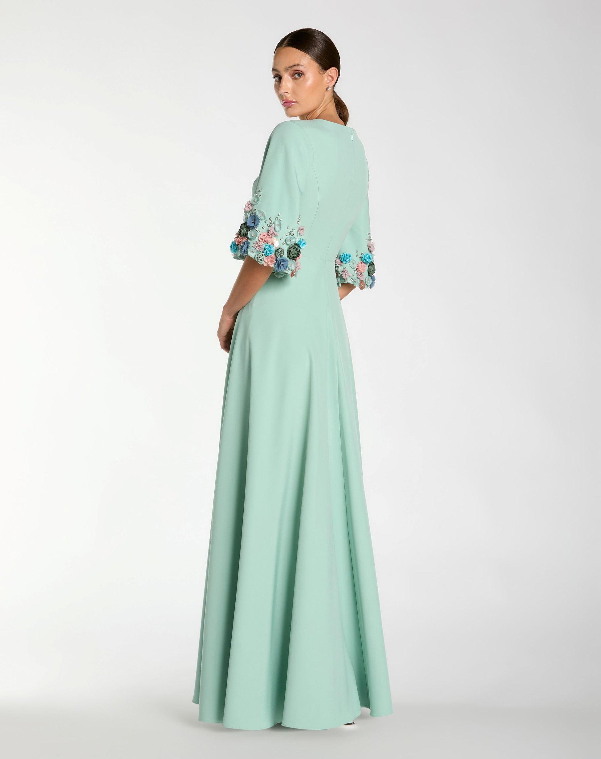 Green Crepe 3/4 Sleeve A-line Gown With Flower Trim - Mac Duggal