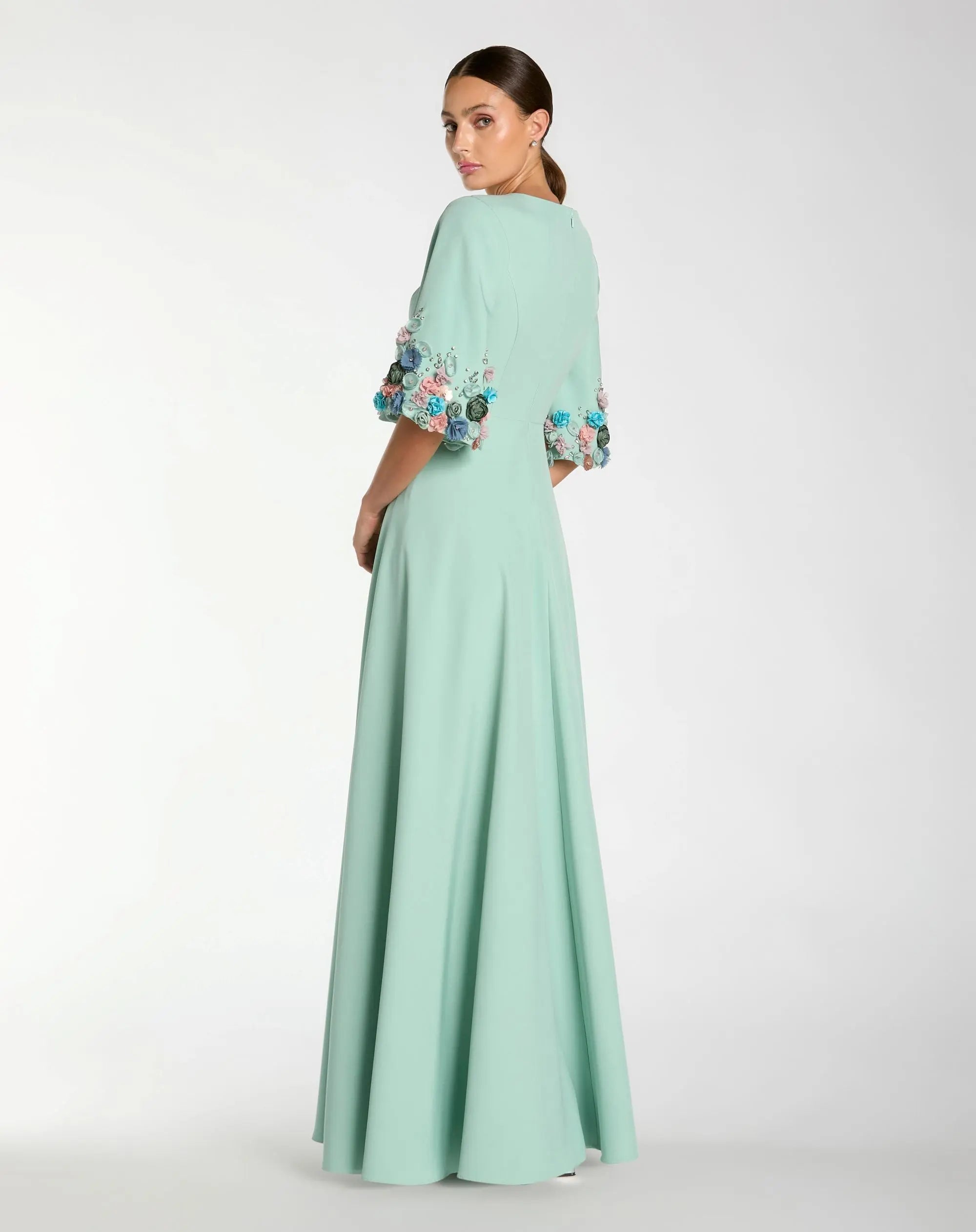 Green Crepe 3/4 Sleeve A-line Gown With Flower Trim - Mac Duggal