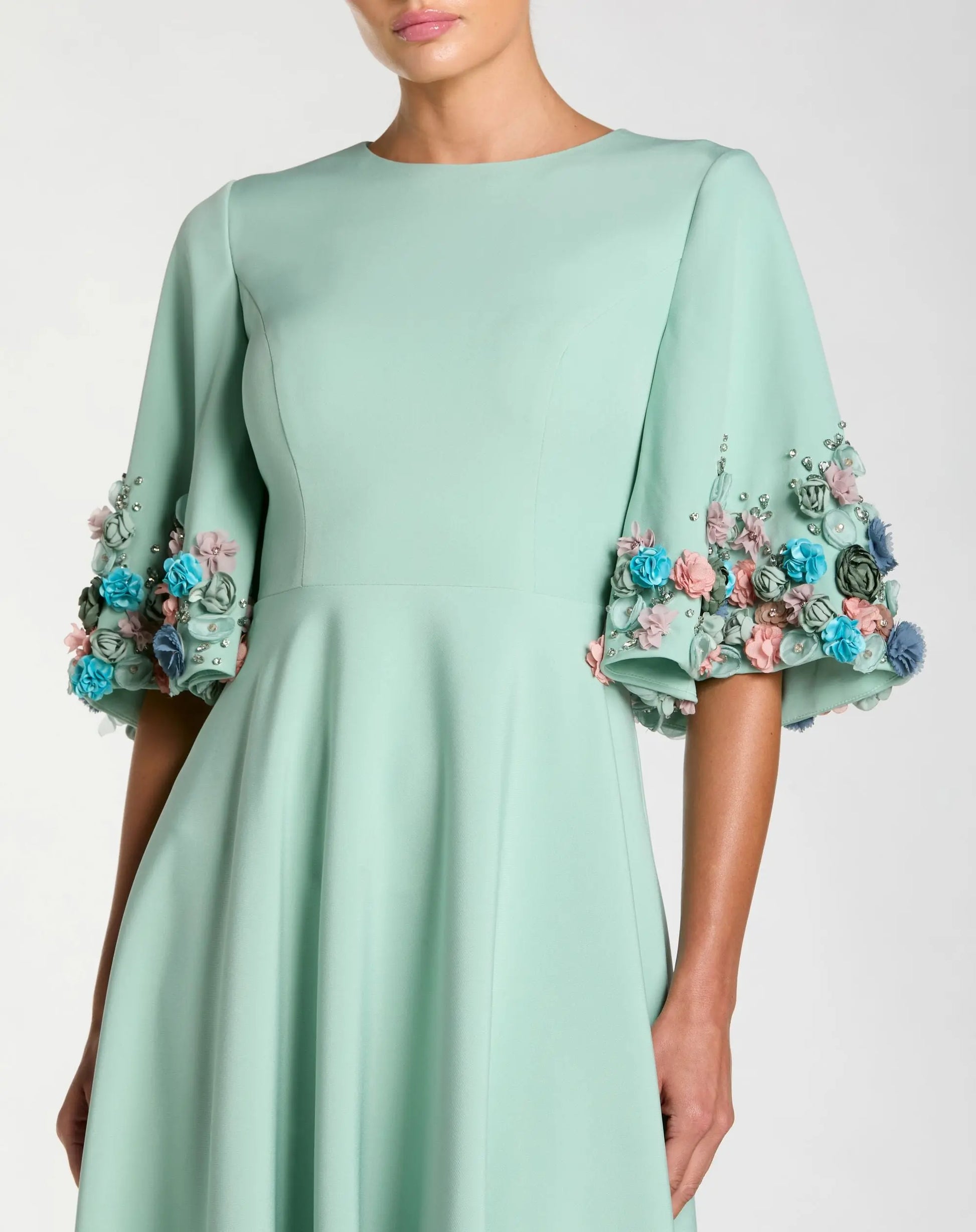 Green Crepe 3/4 Sleeve A-line Gown With Flower Trim | Mac Duggal Green Crepe 3/4 Sleeve A-line Gown With Flower Trim | Mac Duggal