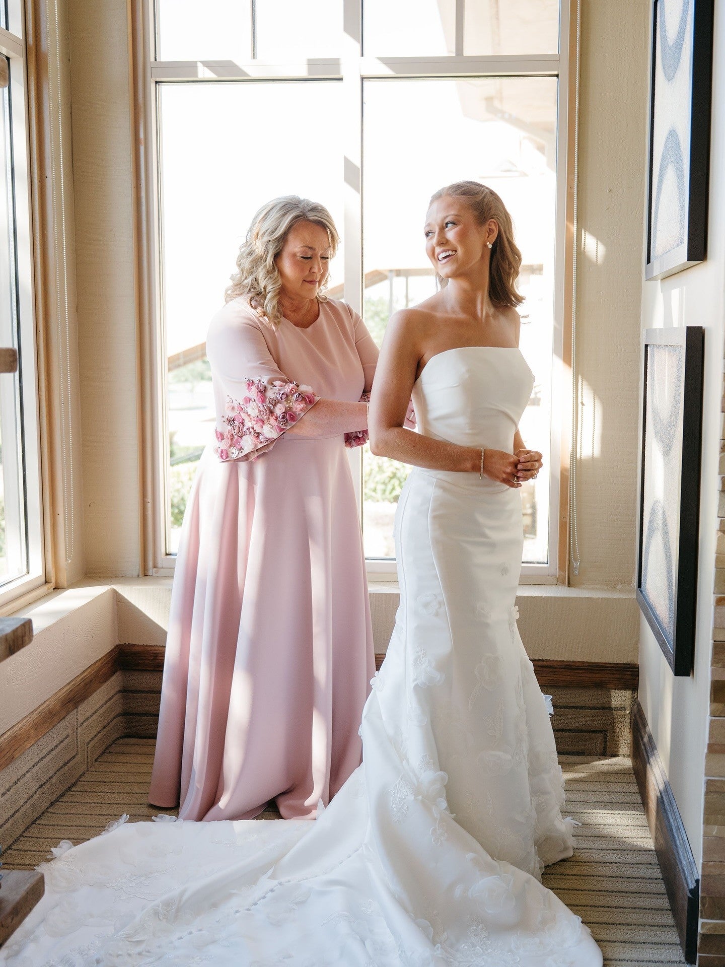 Pink Crepe 3/4 Sleeve A-line Gown With Flower Trim