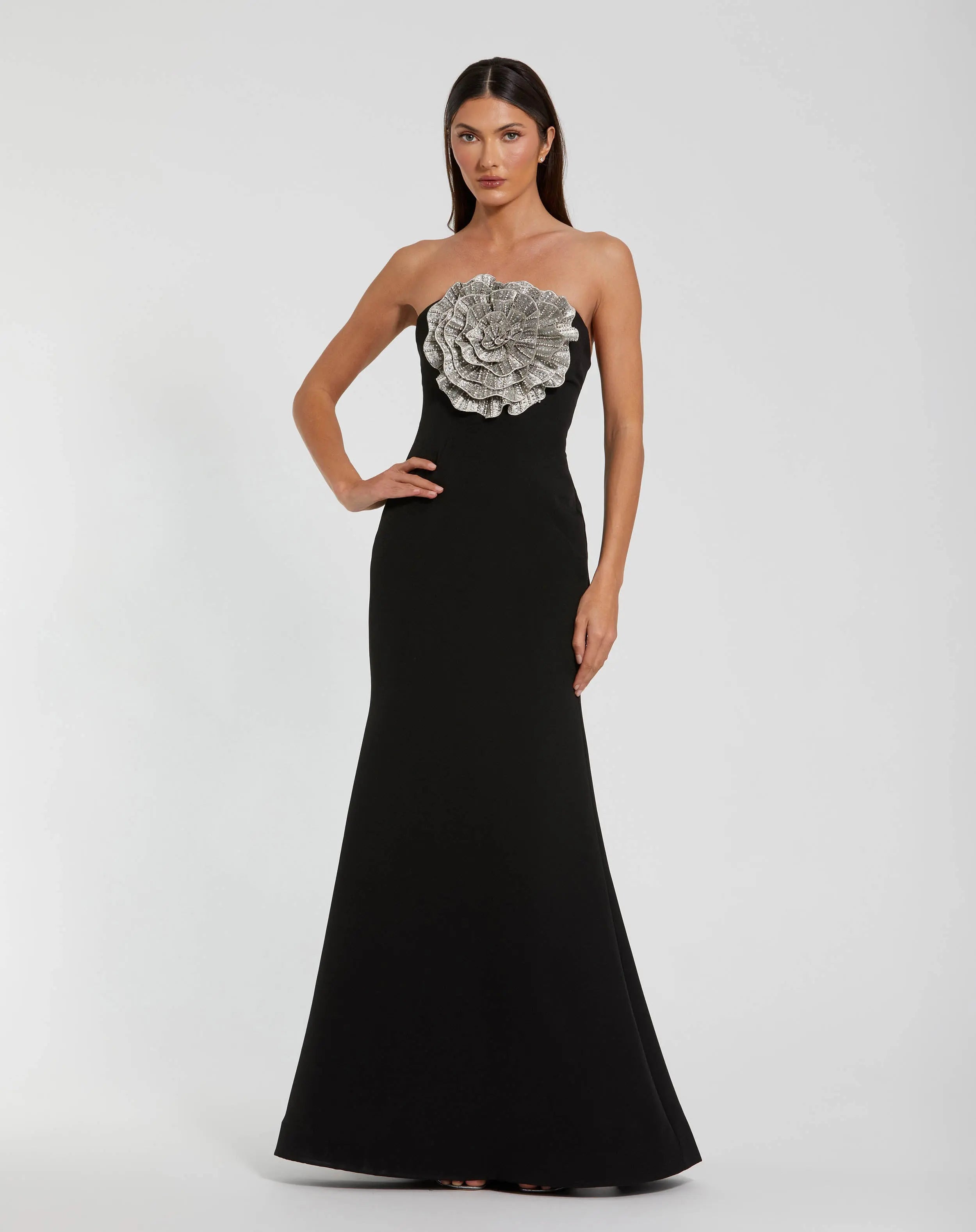 Black Crepe Strapless Gown With 3D Rhinestone Flower - Mac Duggal