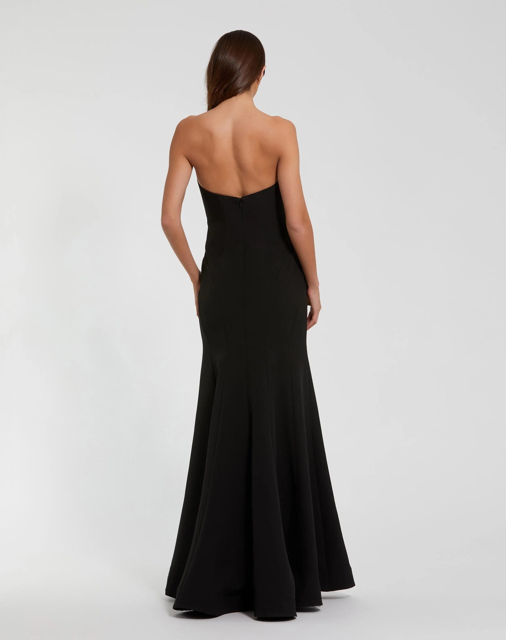 Black Crepe Strapless Gown With 3D Rhinestone Flower - Mac Duggal