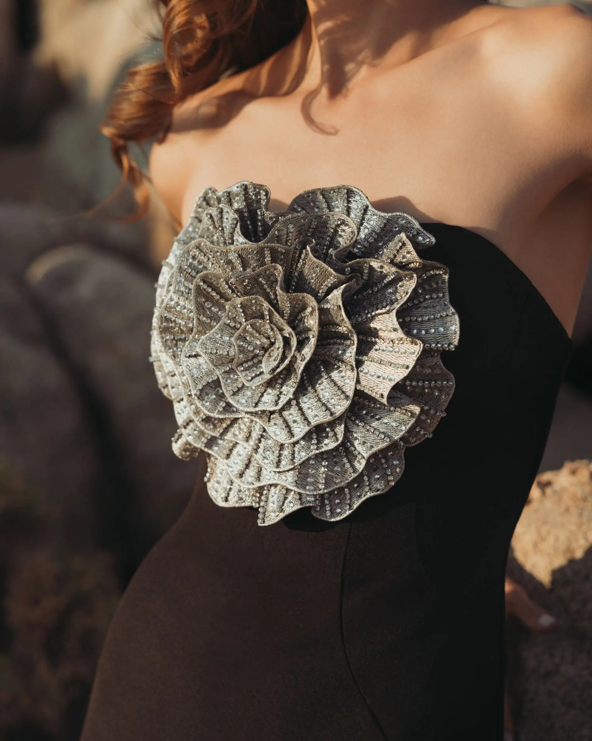 Black Crepe Strapless Gown With 3D Rhinestone Flower - Mac Duggal