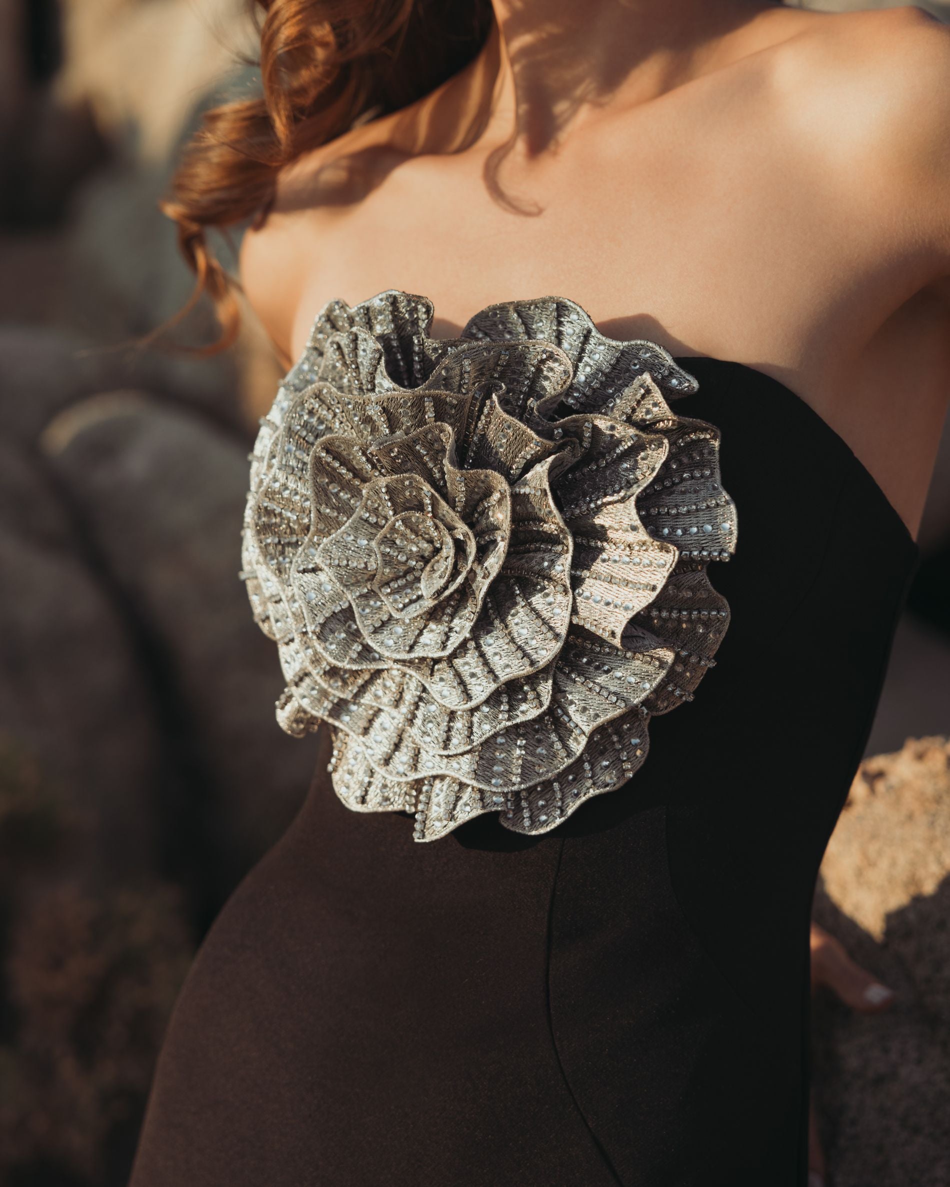 Black Crepe Strapless Gown With 3D Rhinestone Flower - Mac Duggal