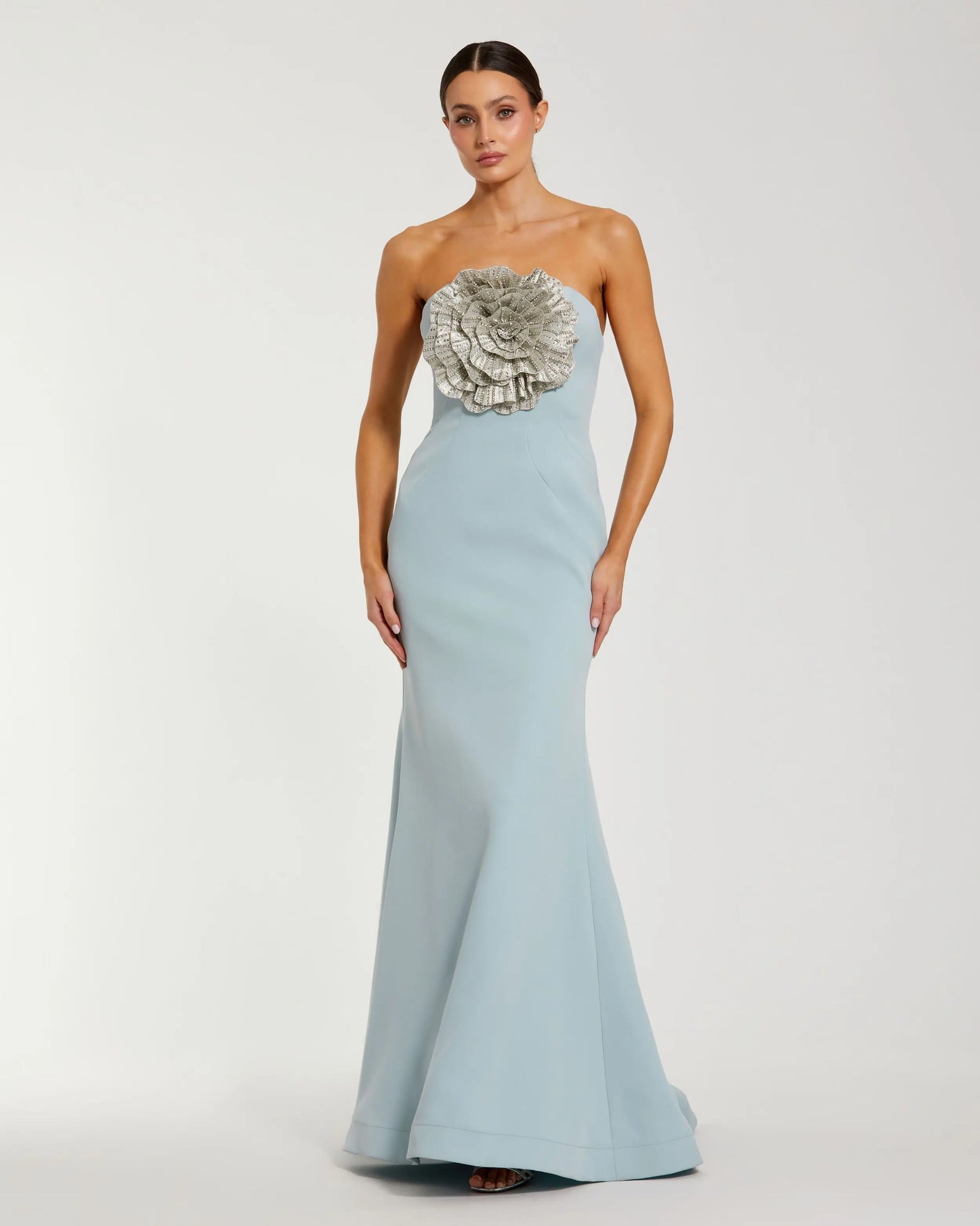 Blue Strapless Crepe Trumpet Gown with 3D Rhinestone Flower | Mac Duggal