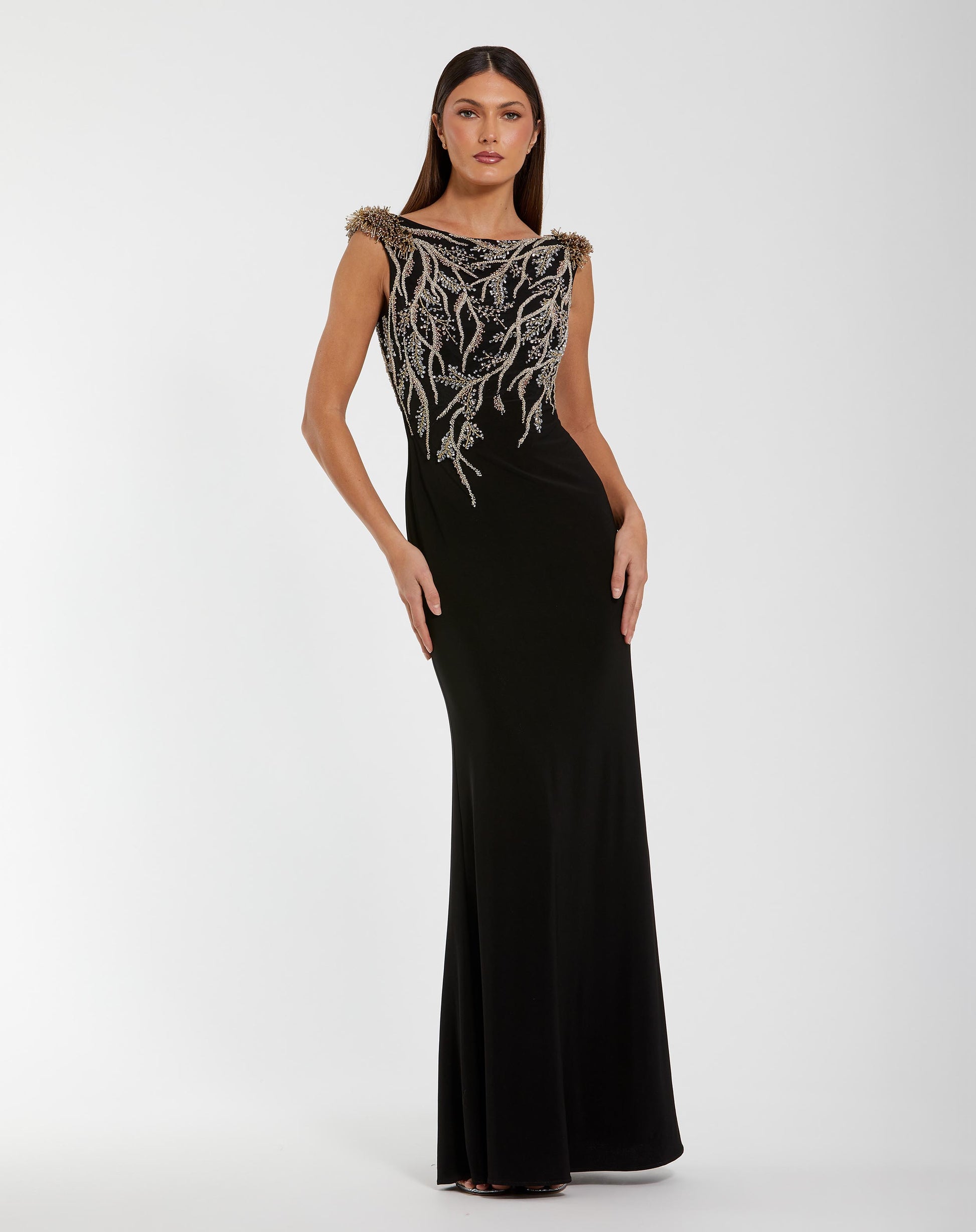 Black Hand Beaded Cap Sleeve Jersey Gown - Mac Duggal